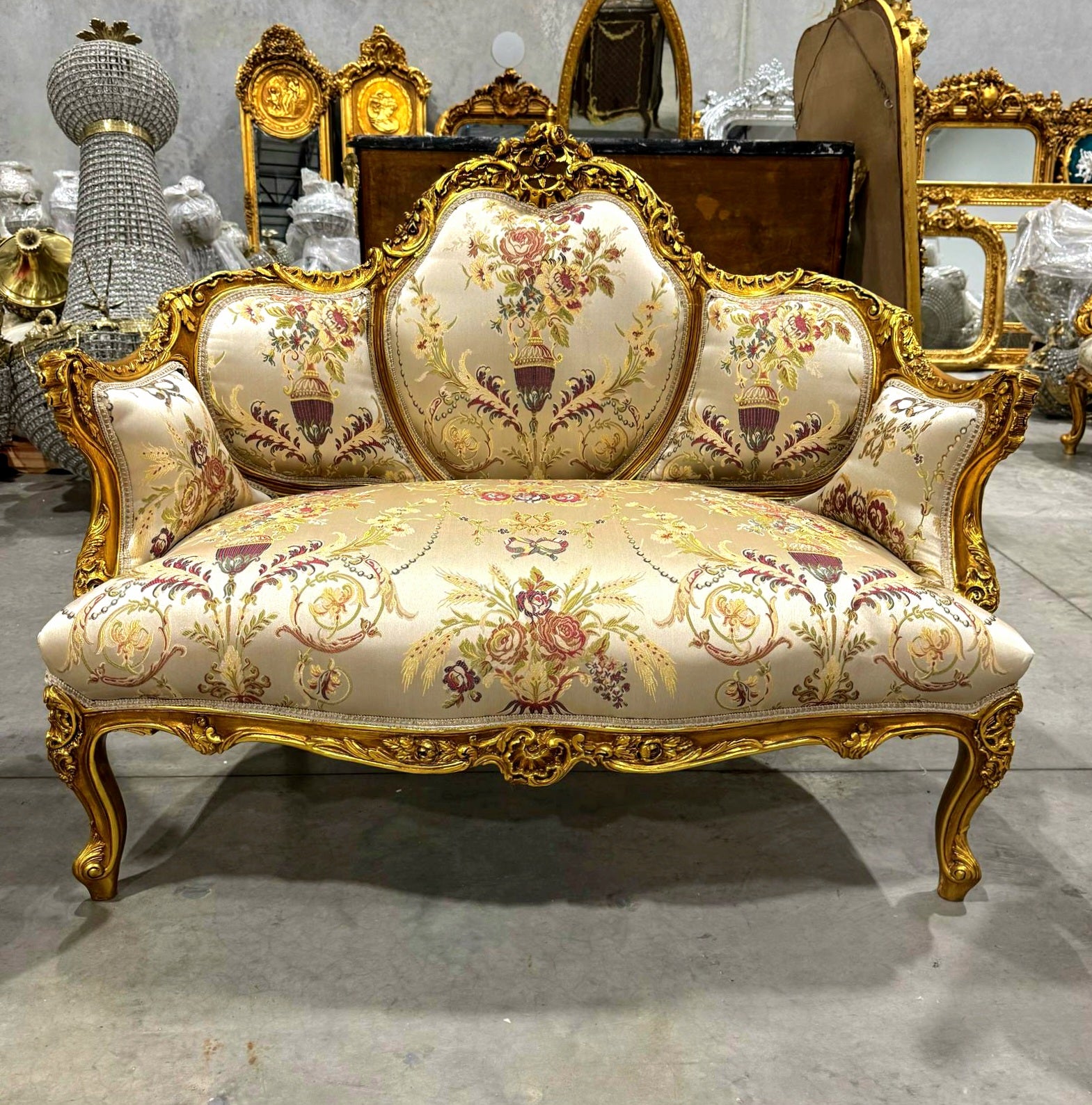 Baroque Style Antique White Beige Sofa Gold Leaf Details