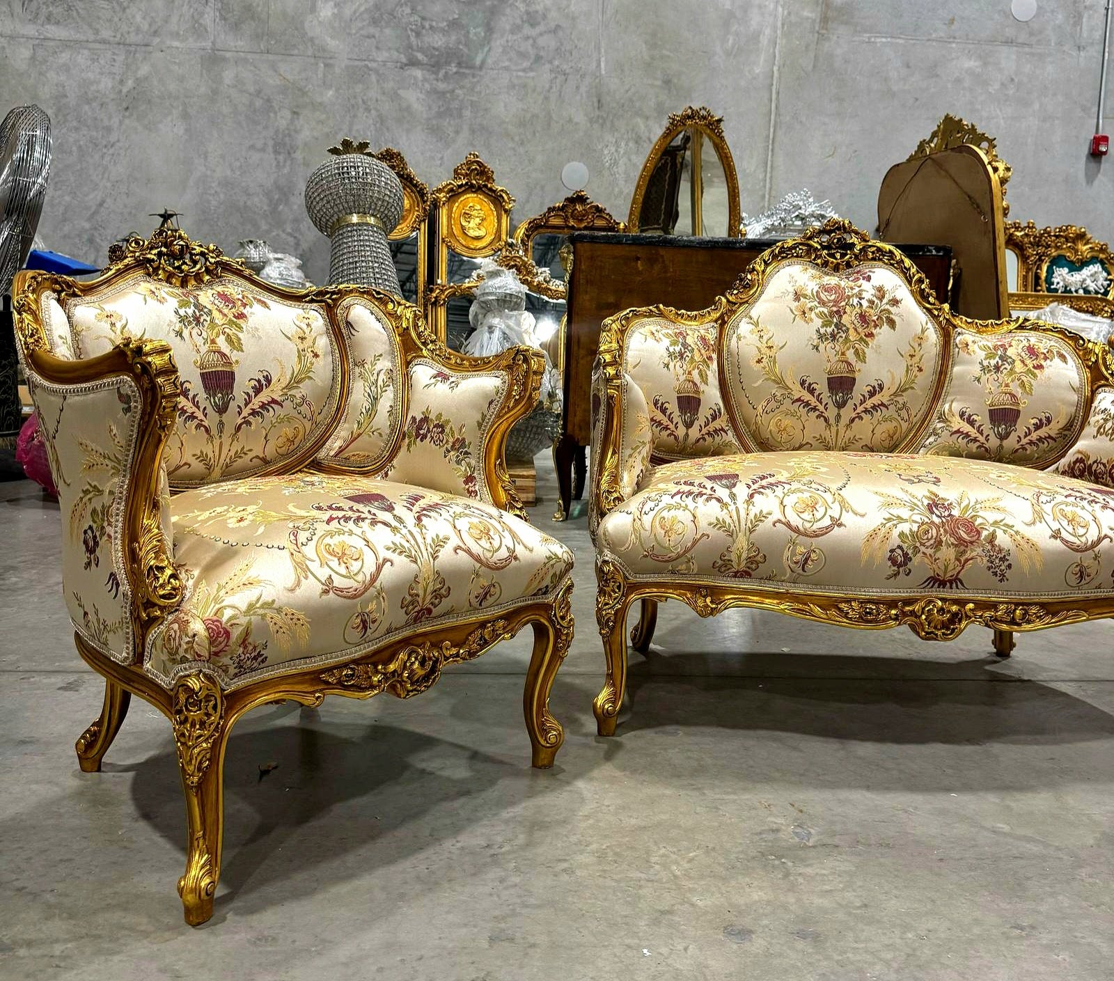 Antique Living Room SET Baroque Style Beige White Fabric *Sofa and 2 Chairs*