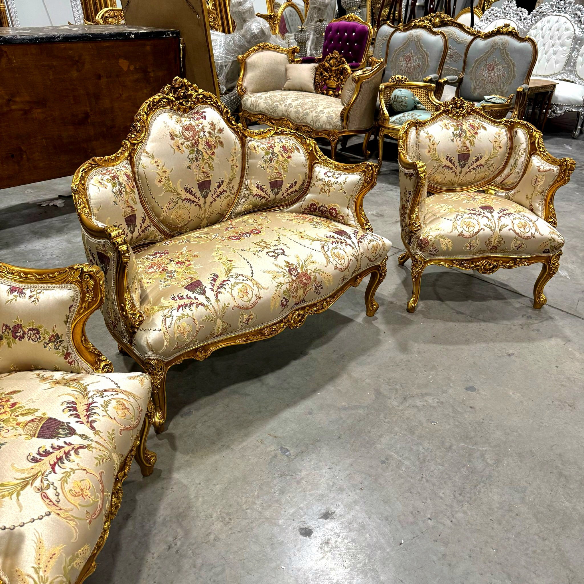 Antique Living Room SET Baroque Style Beige White Fabric *Sofa and 2 Chairs*