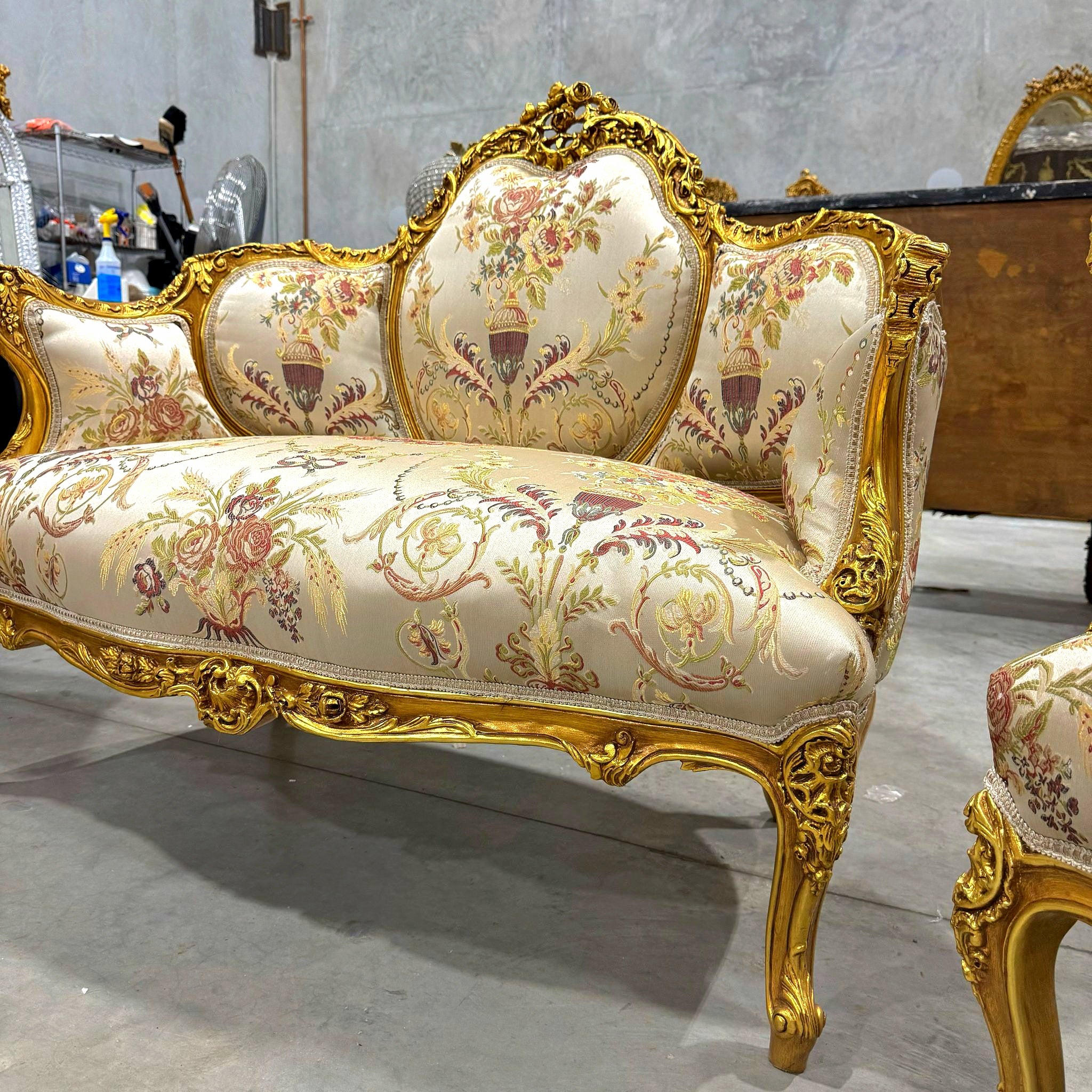 Antique Living Room SET Baroque Style Beige White Fabric *Sofa and 2 Chairs*