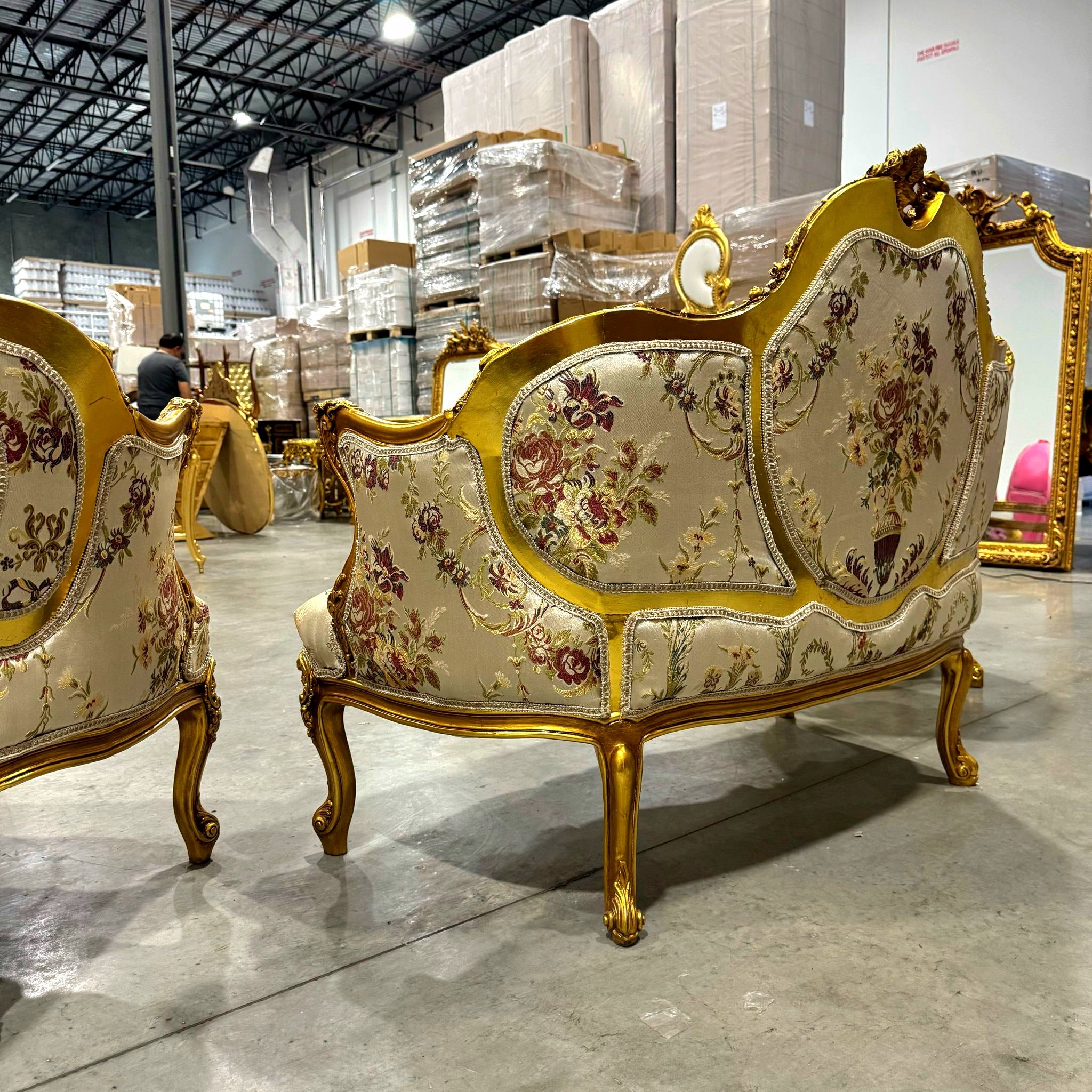 Antique Living Room SET Baroque Style Beige White Fabric *Sofa and 2 Chairs*