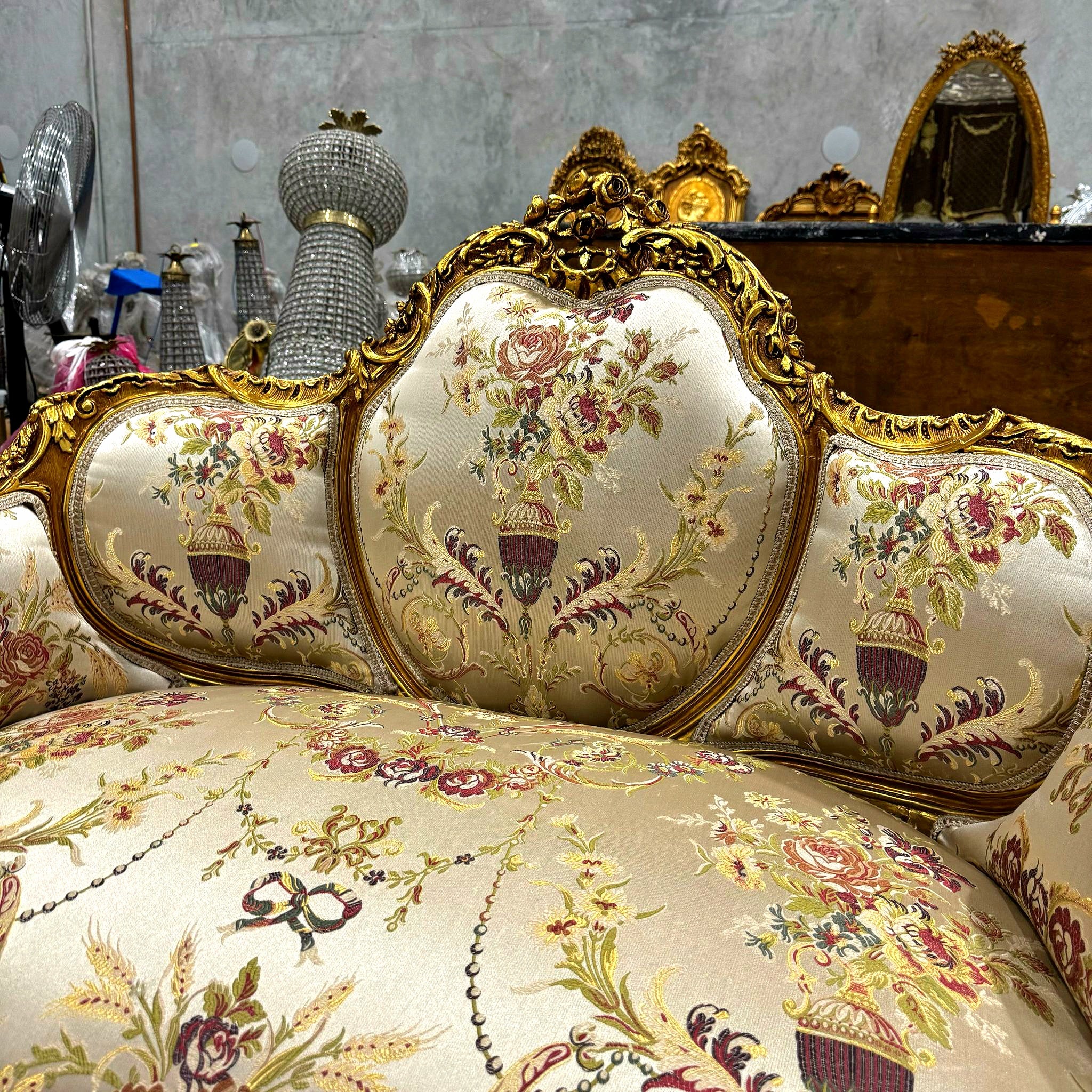 Antique Living Room SET Baroque Style Beige White Fabric *Sofa and 2 Chairs*