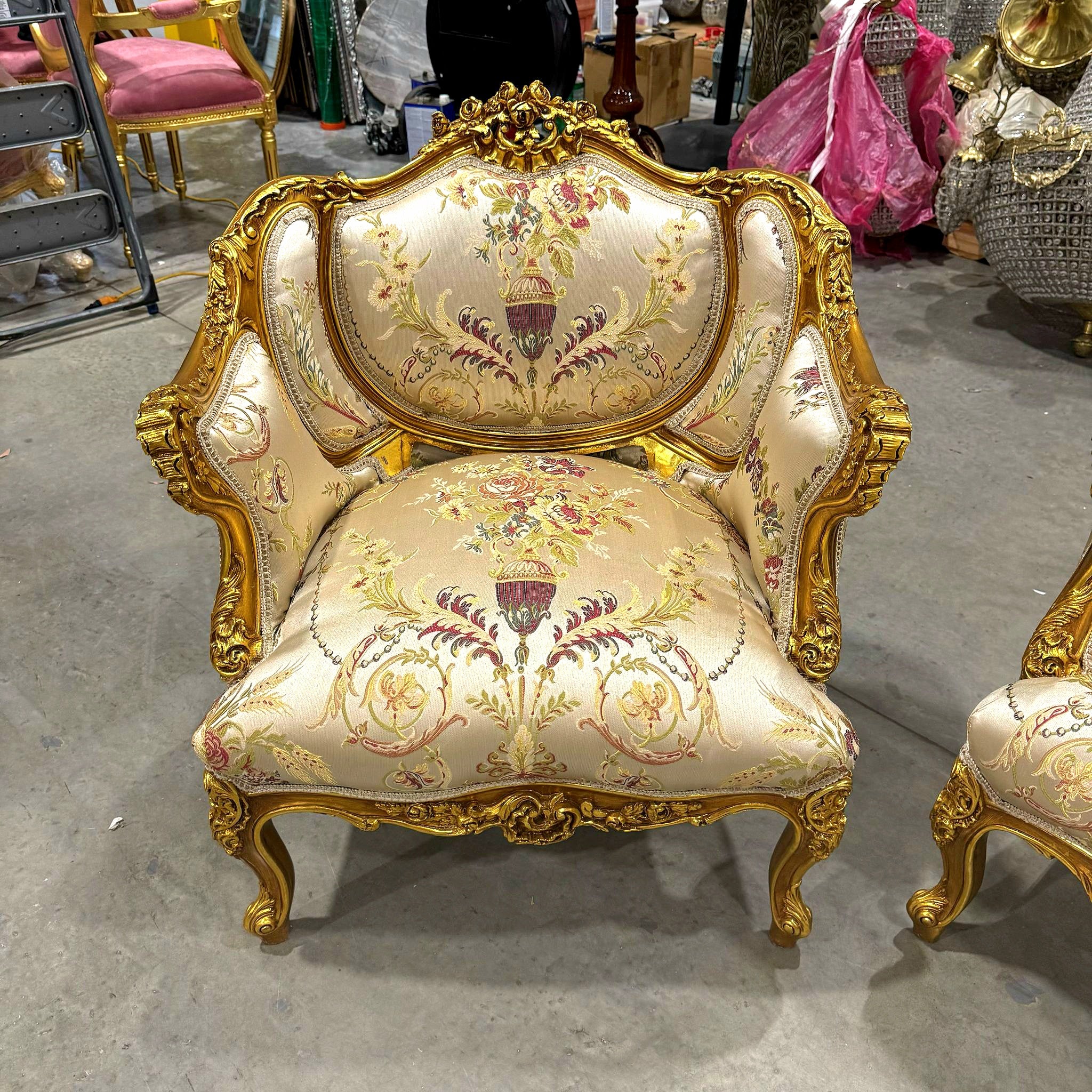 Antique Living Room SET Baroque Style Beige White Fabric *Sofa and 2 Chairs*