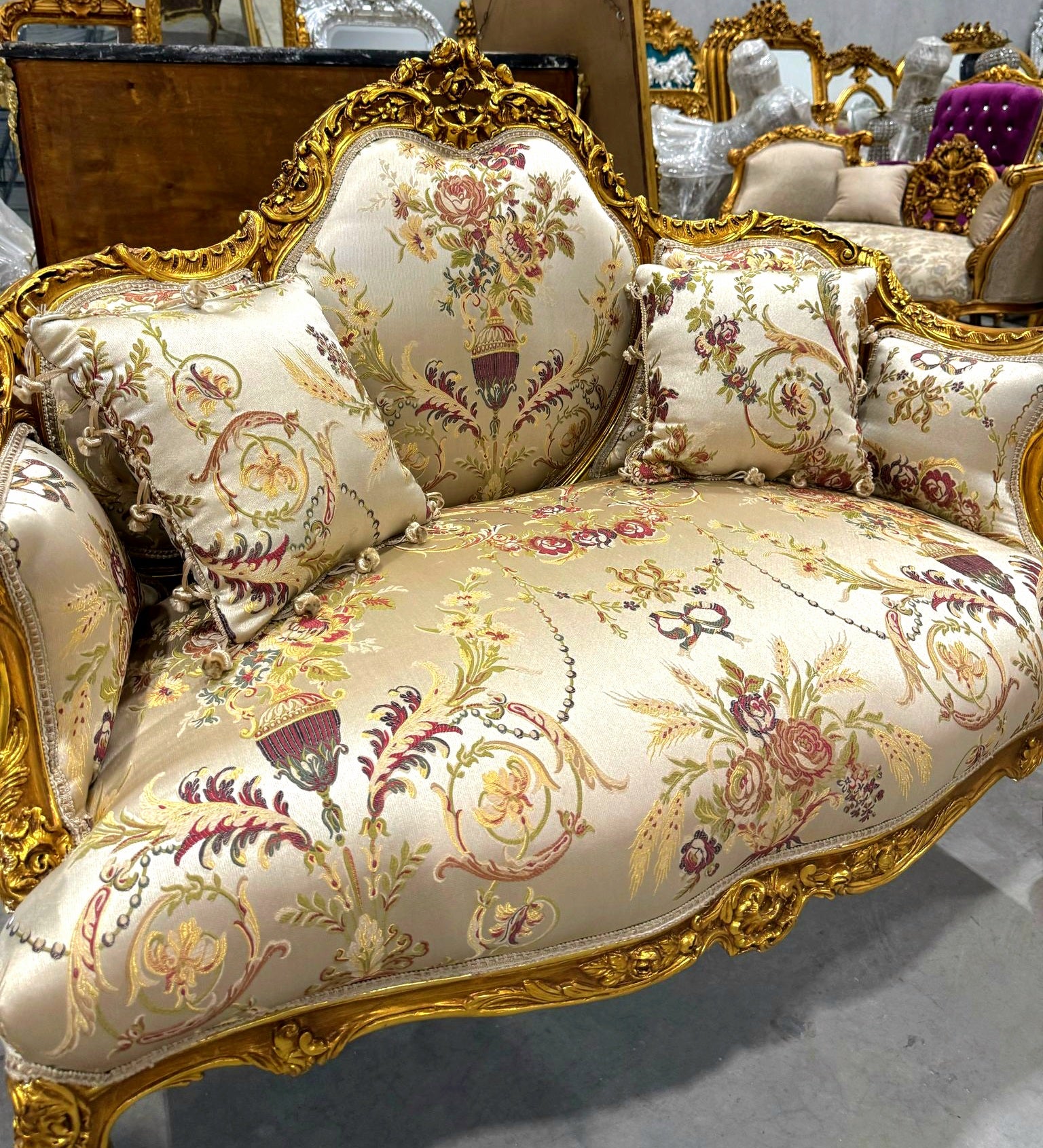 Antique Living Room SET Baroque Style Beige White Fabric *Sofa and 2 Chairs*