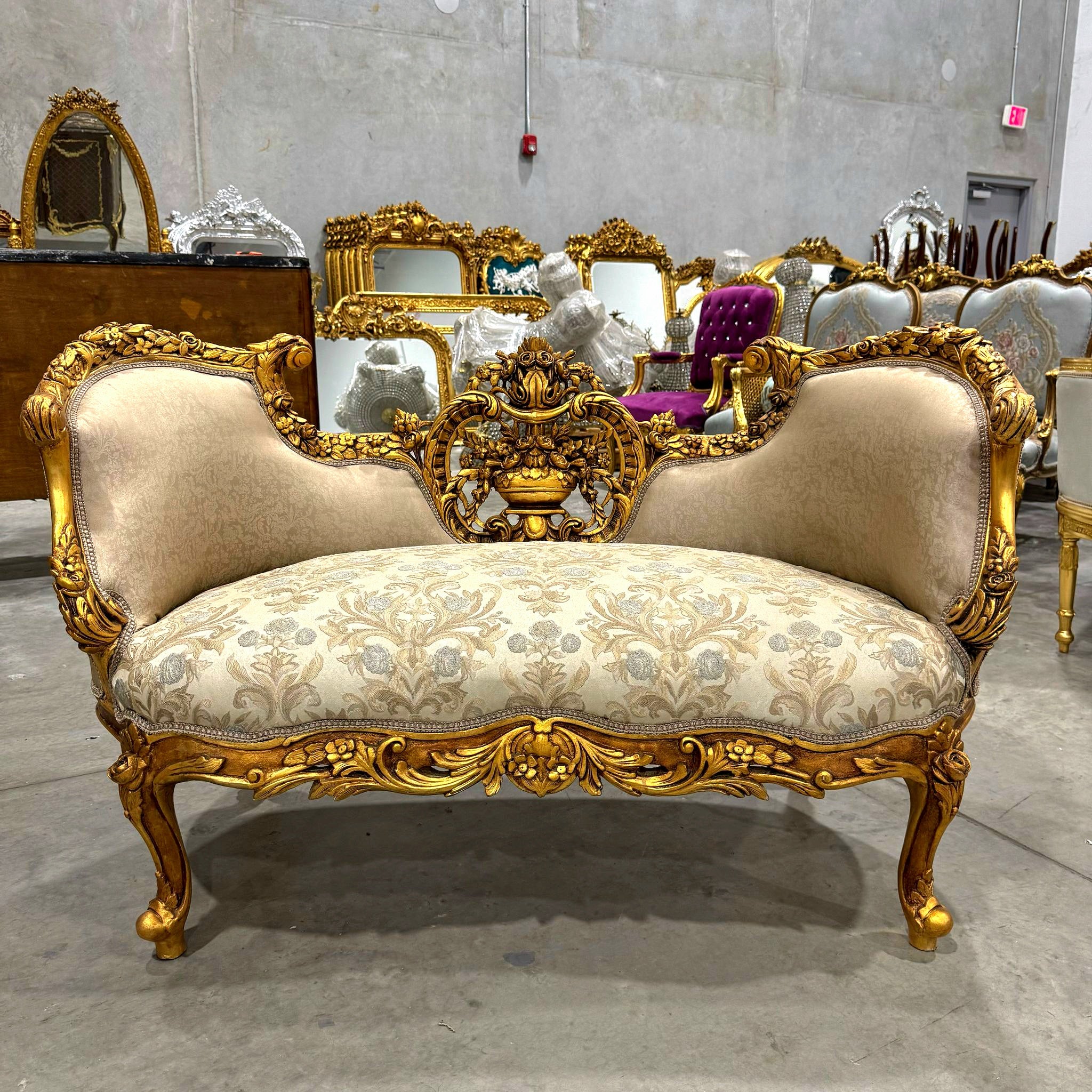 Elegant French Settee – Light Brown Upholstery & Gold Leaf Accents