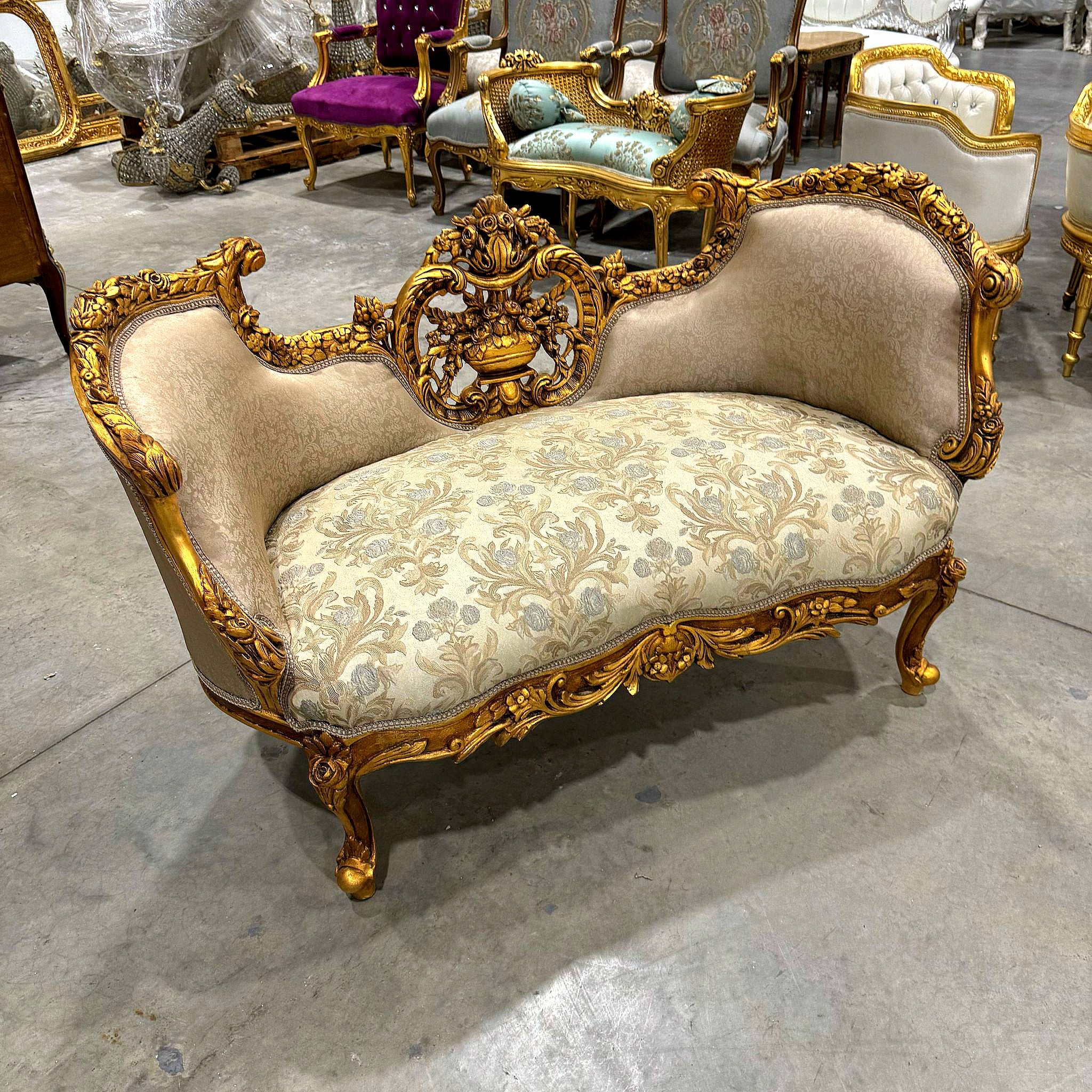 Elegant French Settee – Light Brown Upholstery & Gold Leaf Accents