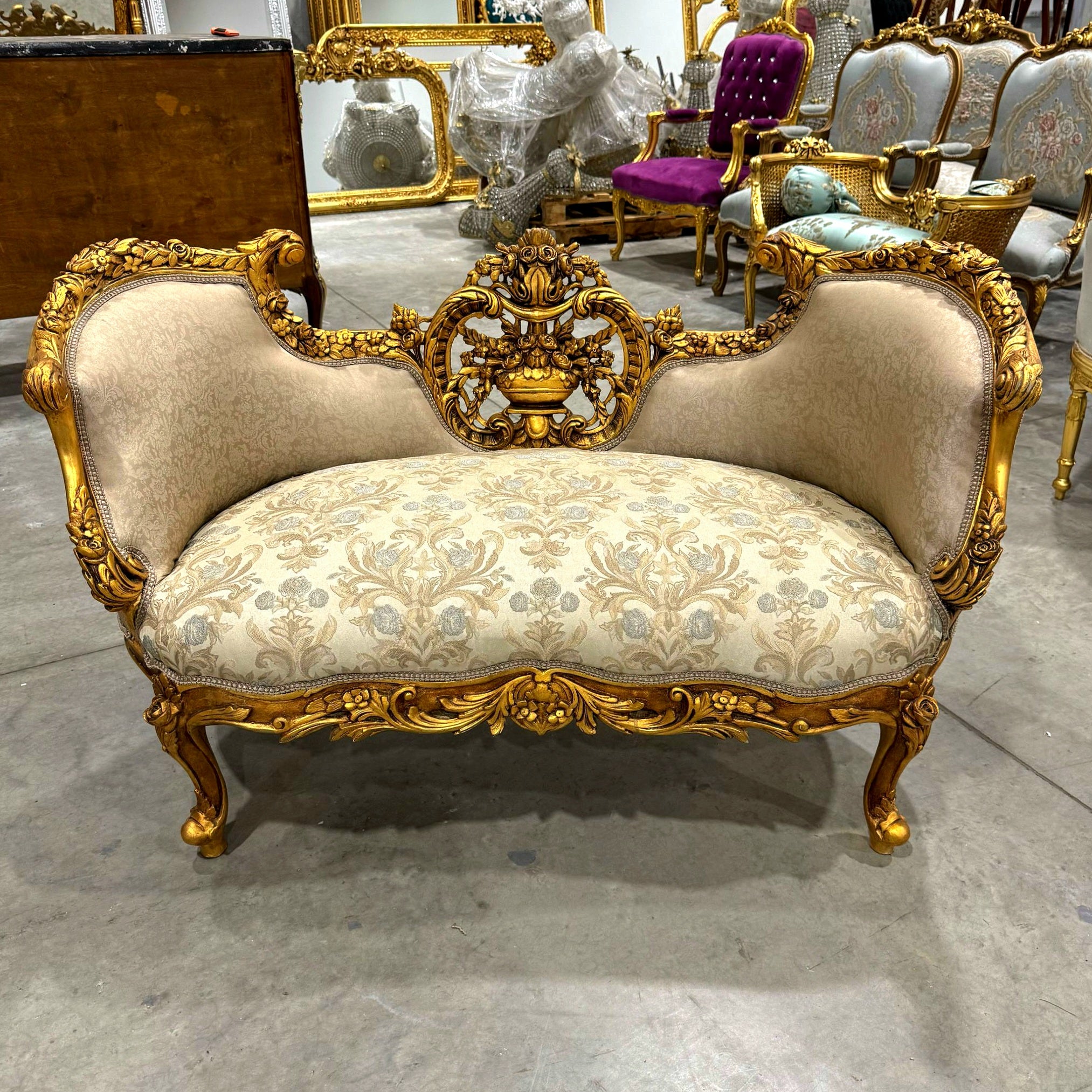 Elegant French Settee – Light Brown Upholstery & Gold Leaf Accents
