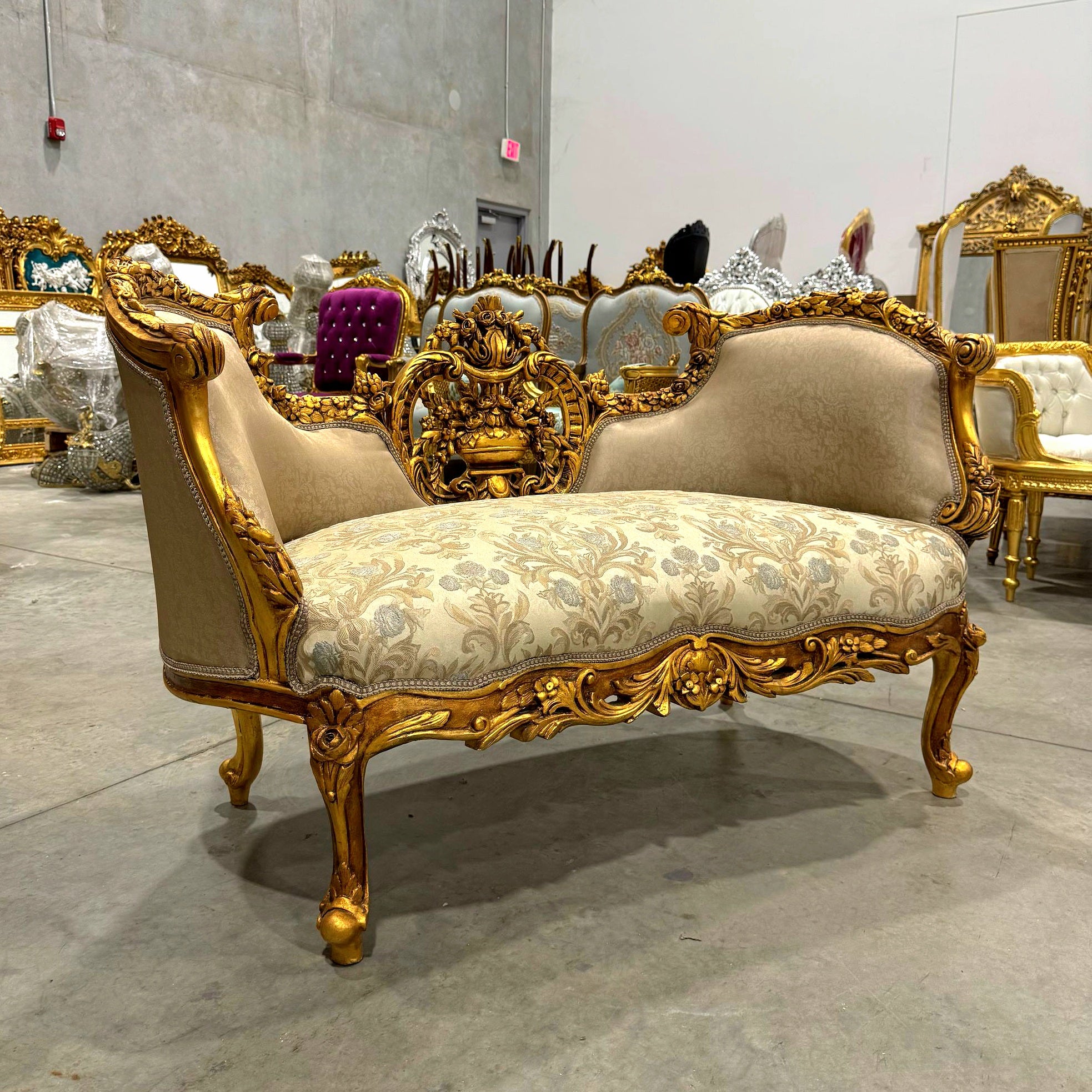 Elegant French Settee – Light Brown Upholstery & Gold Leaf Accents