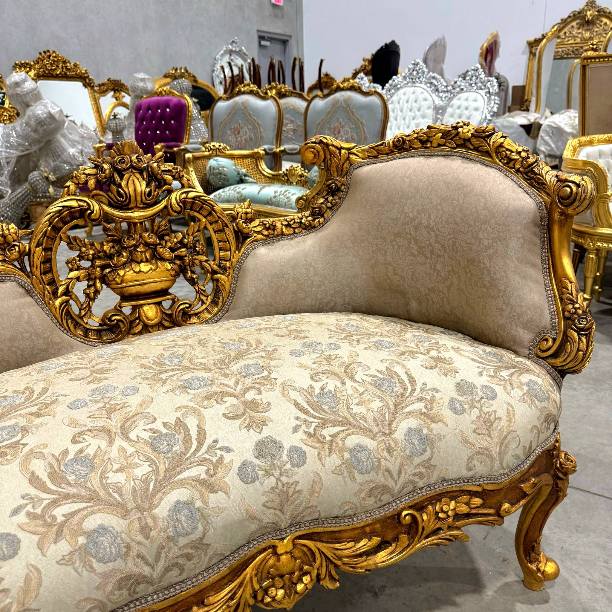 Elegant French Settee – Light Brown Upholstery & Gold Leaf Accents