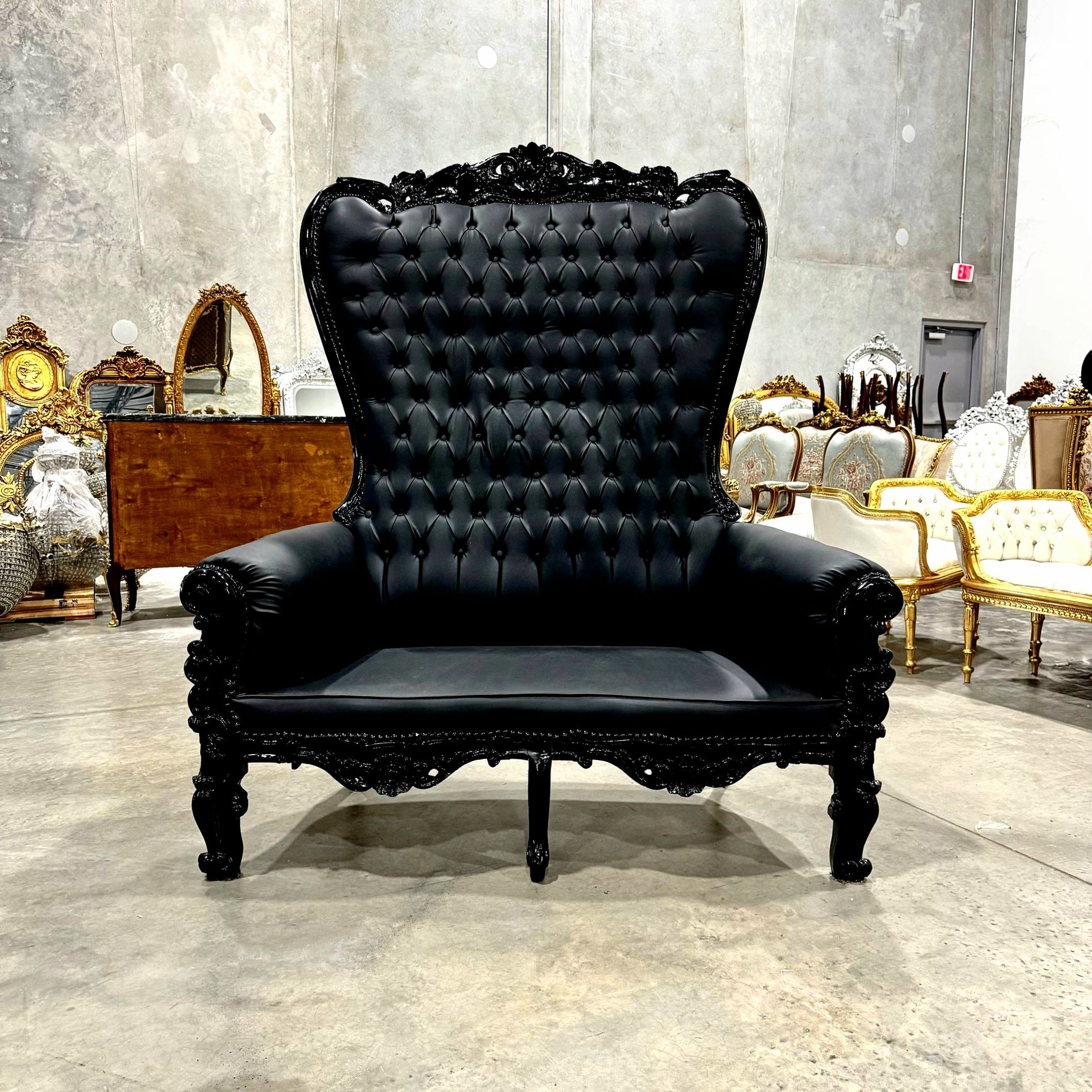 French Style Black Throne Chair Double Throne 2 Seater Black Leather *Damaged*