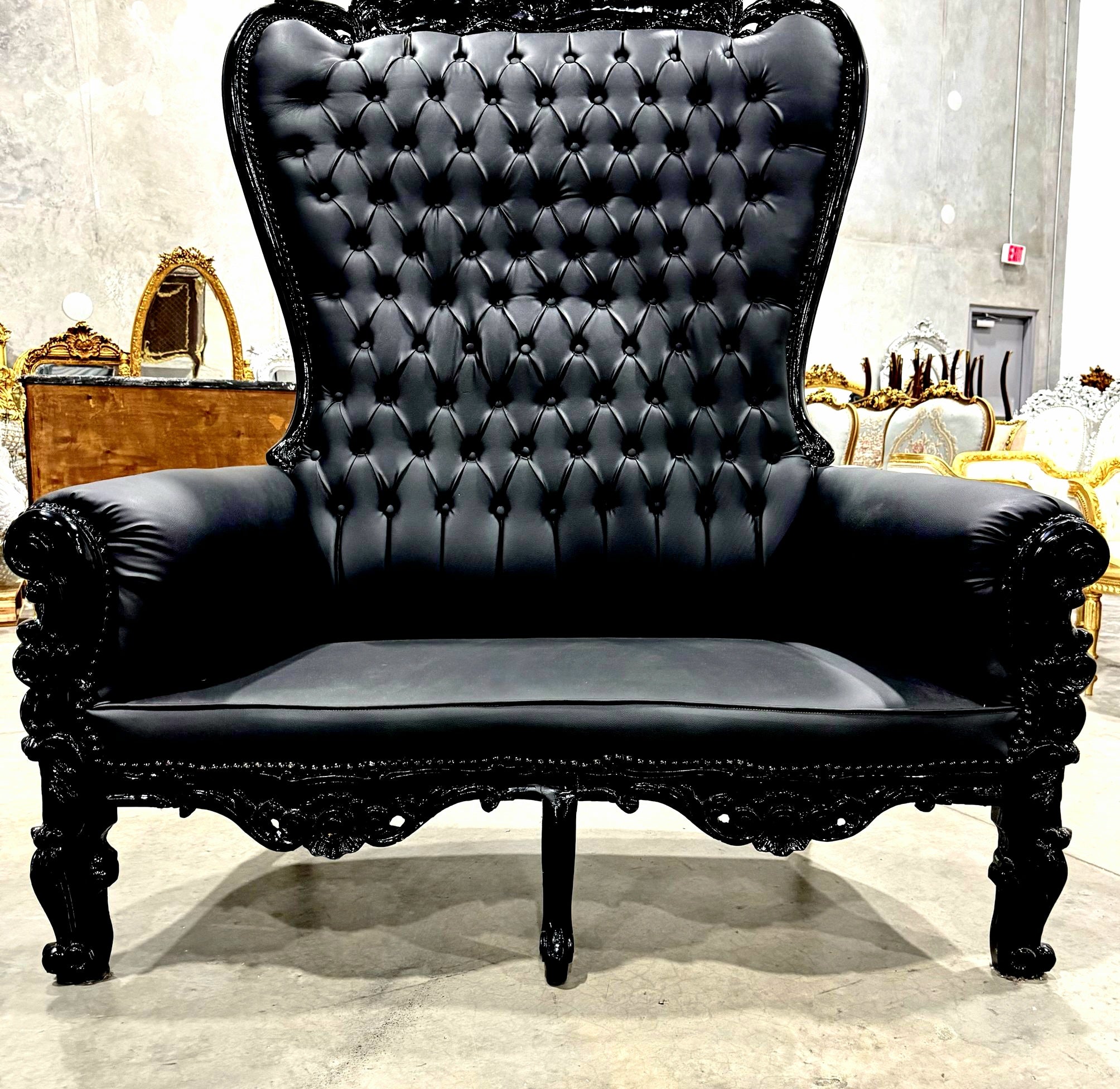 French Style Black Throne Chair Double Throne 2 Seater Black Leather *Damaged*