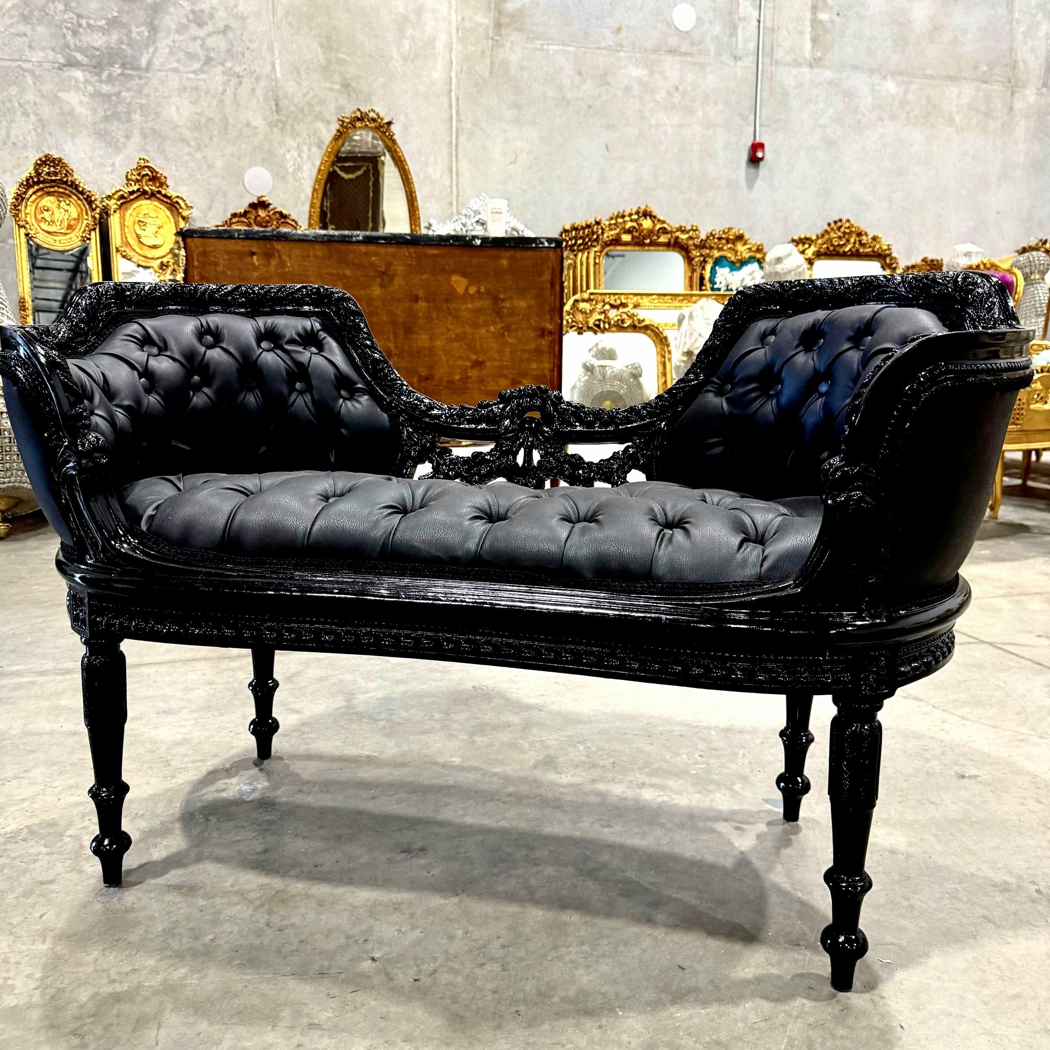 Tufted Bench Black Leather French Style Black Details Rococo Baroque Furniture