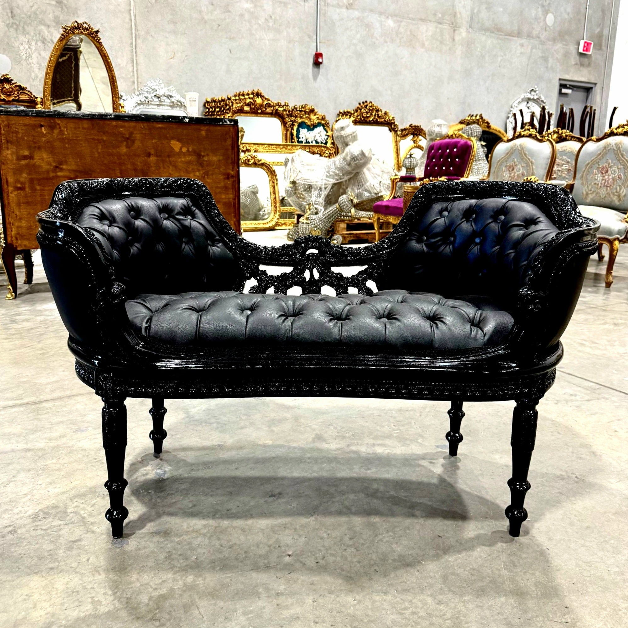Tufted Bench Black Leather French Style Black Details Rococo Baroque Furniture