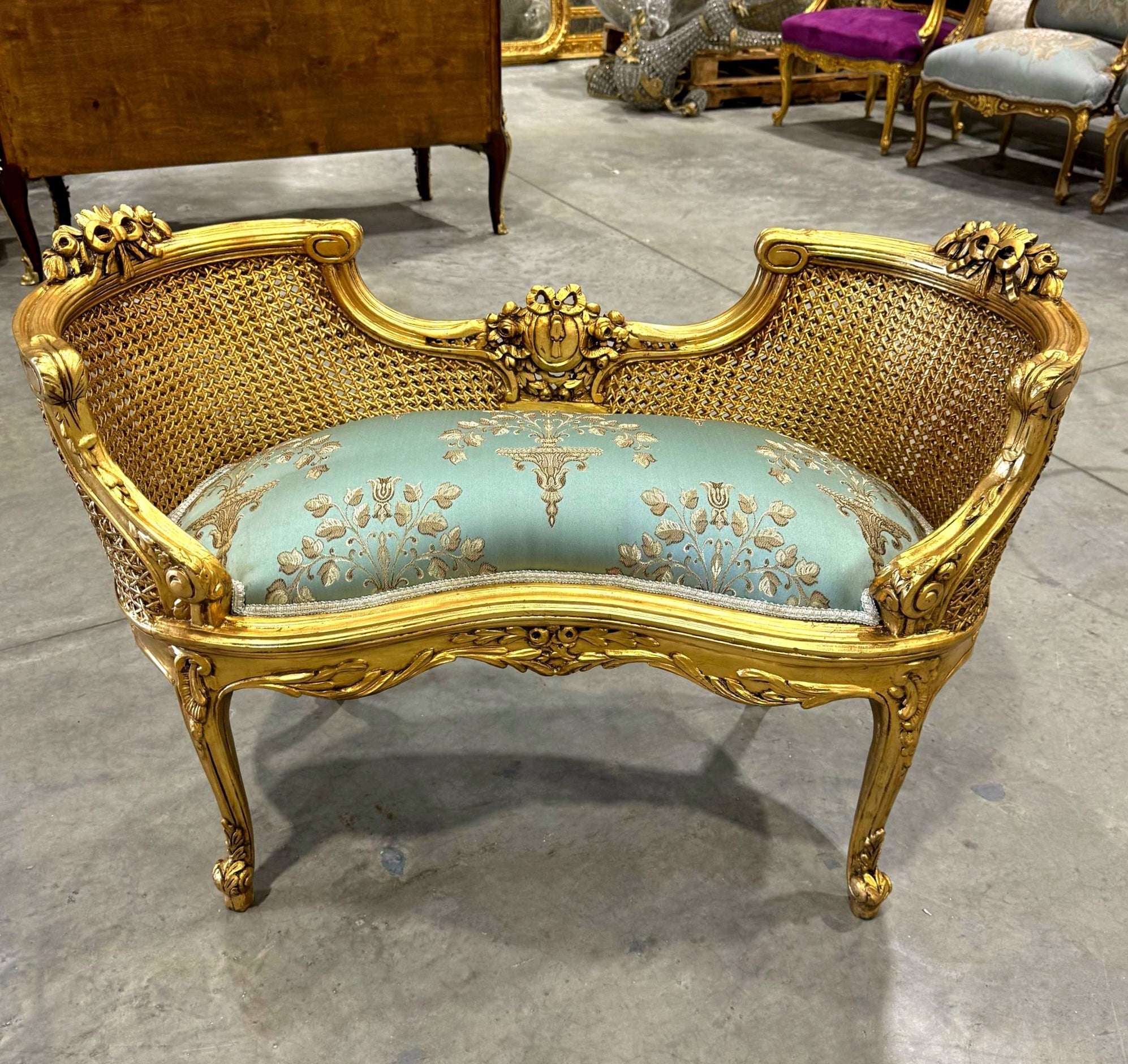 Bench Damask French Style Gold Leaf Details Rococo Baroque Furniture