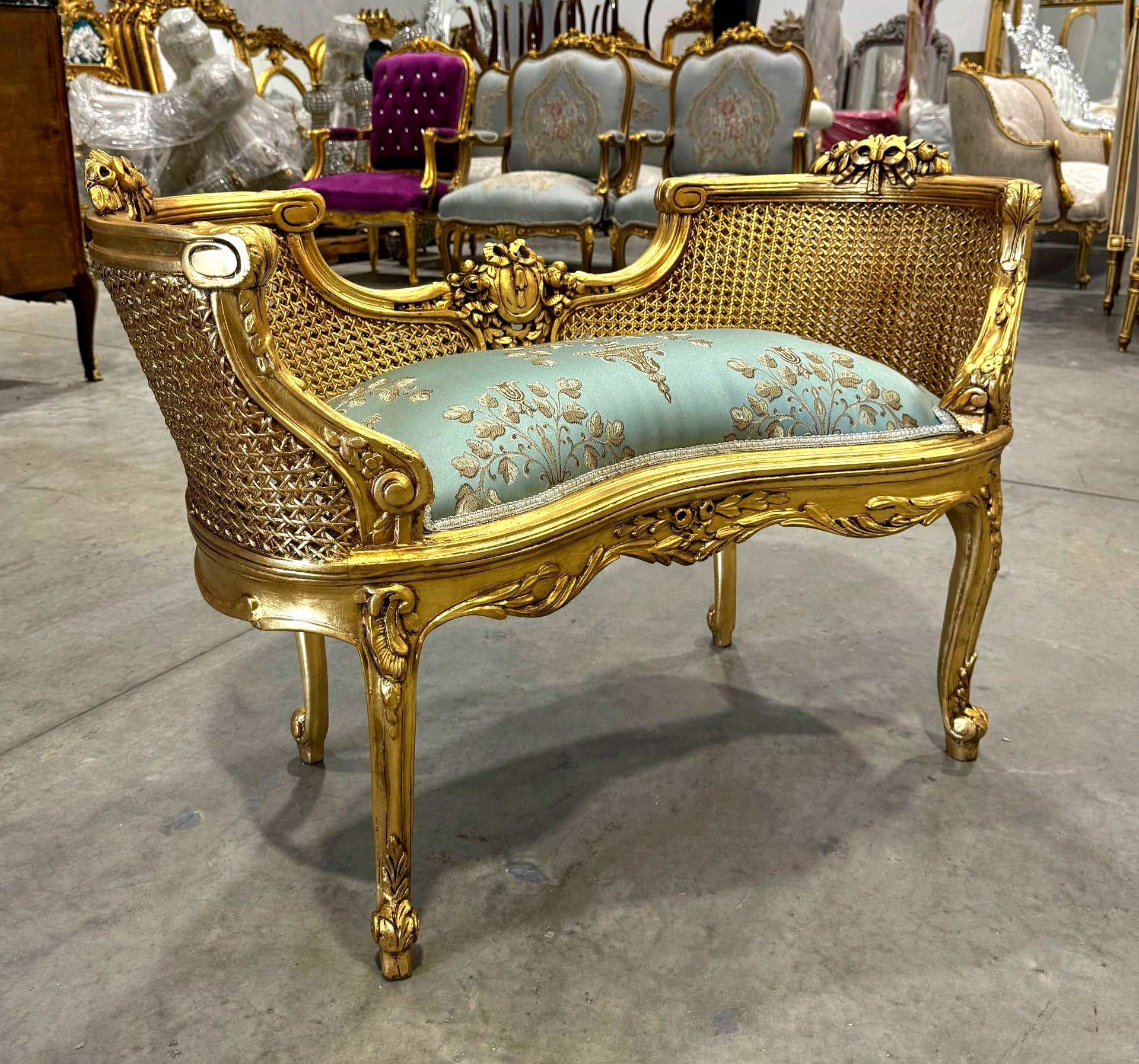 Bench Damask French Style Gold Leaf Details Rococo Baroque Furniture