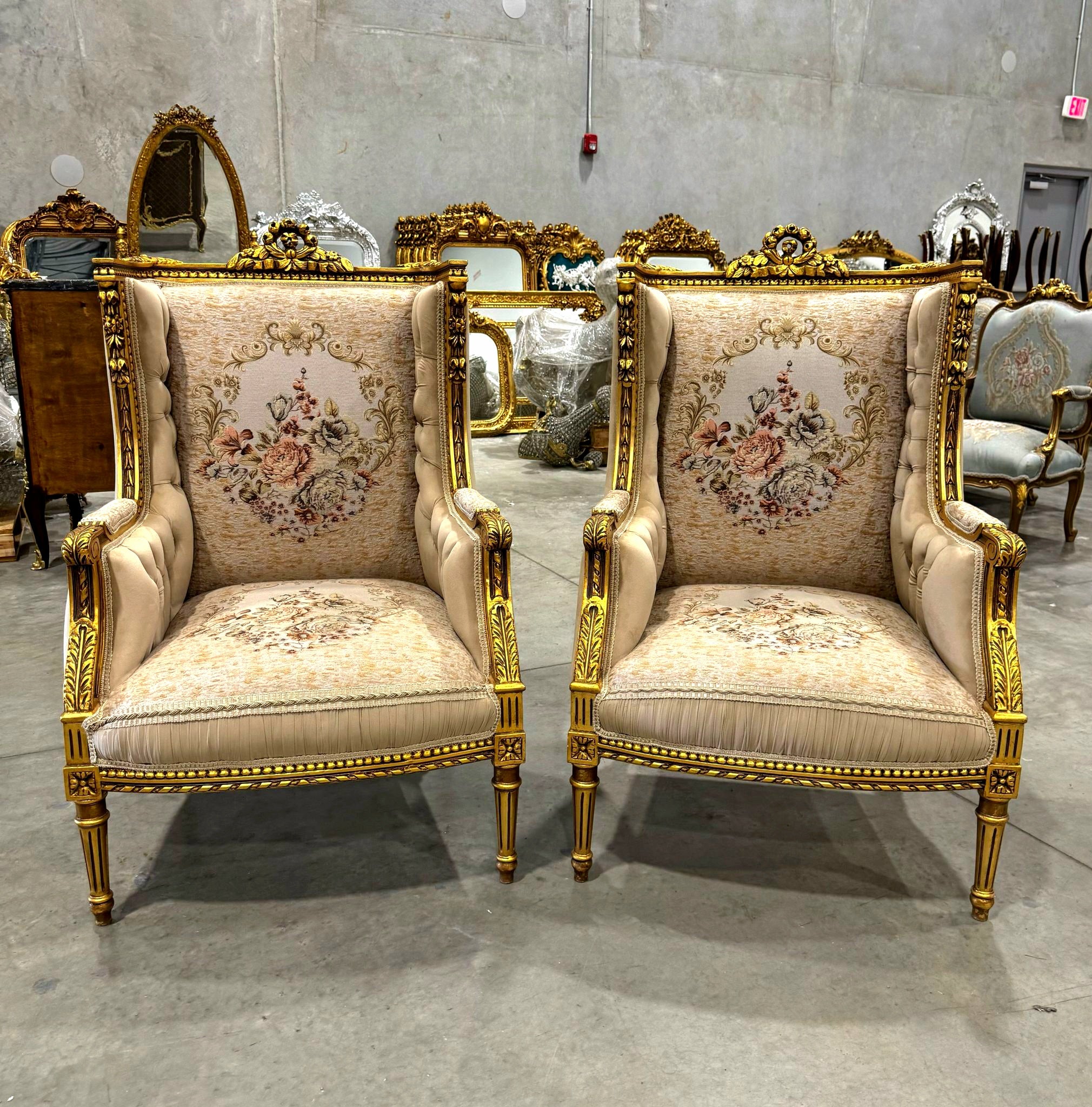 Neo-Classical Style Gold Beige Bergere Wing Chair with Gold Details