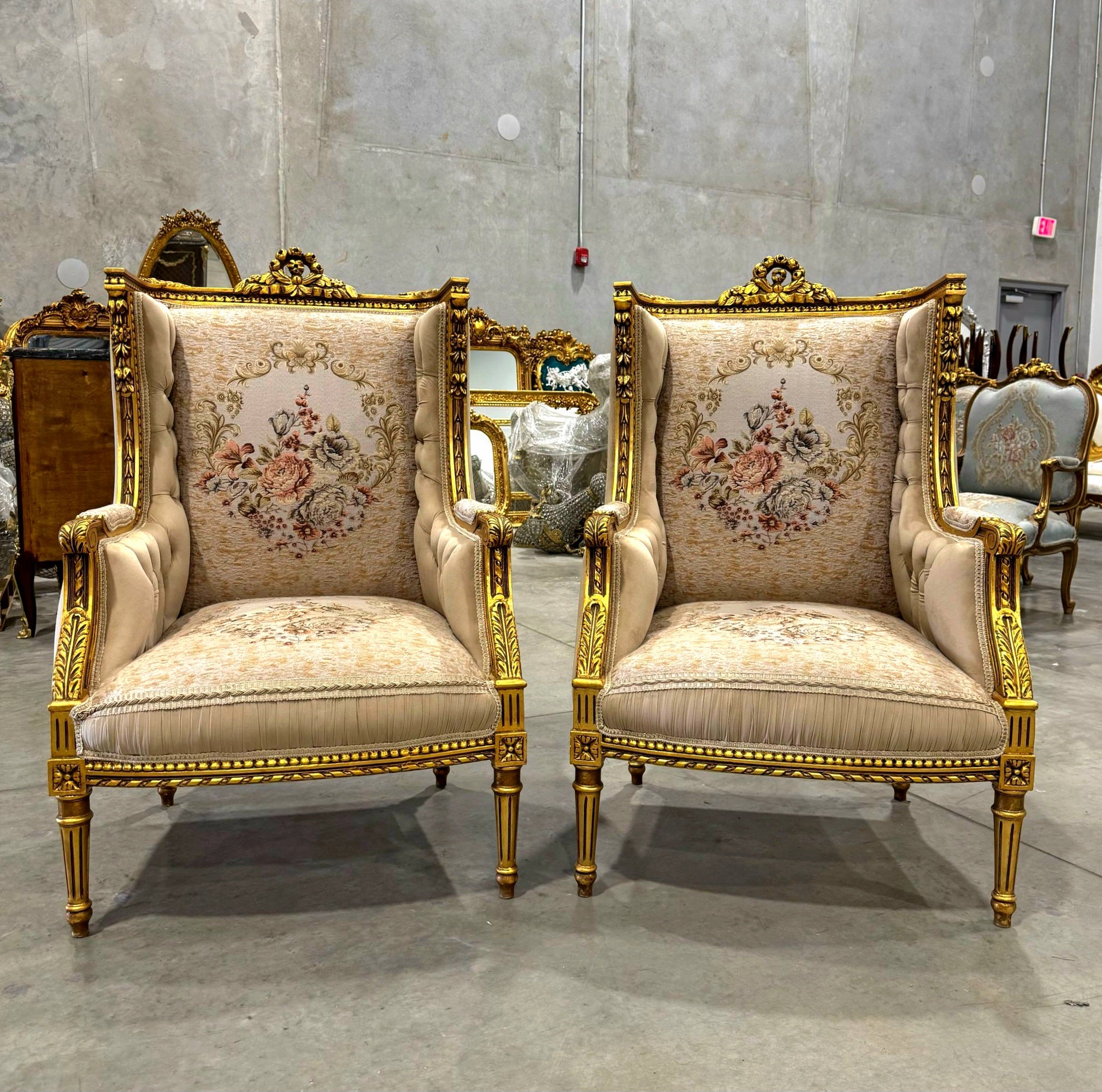 Neo-Classical Style Gold Beige Bergere Wing Chair with Gold Details