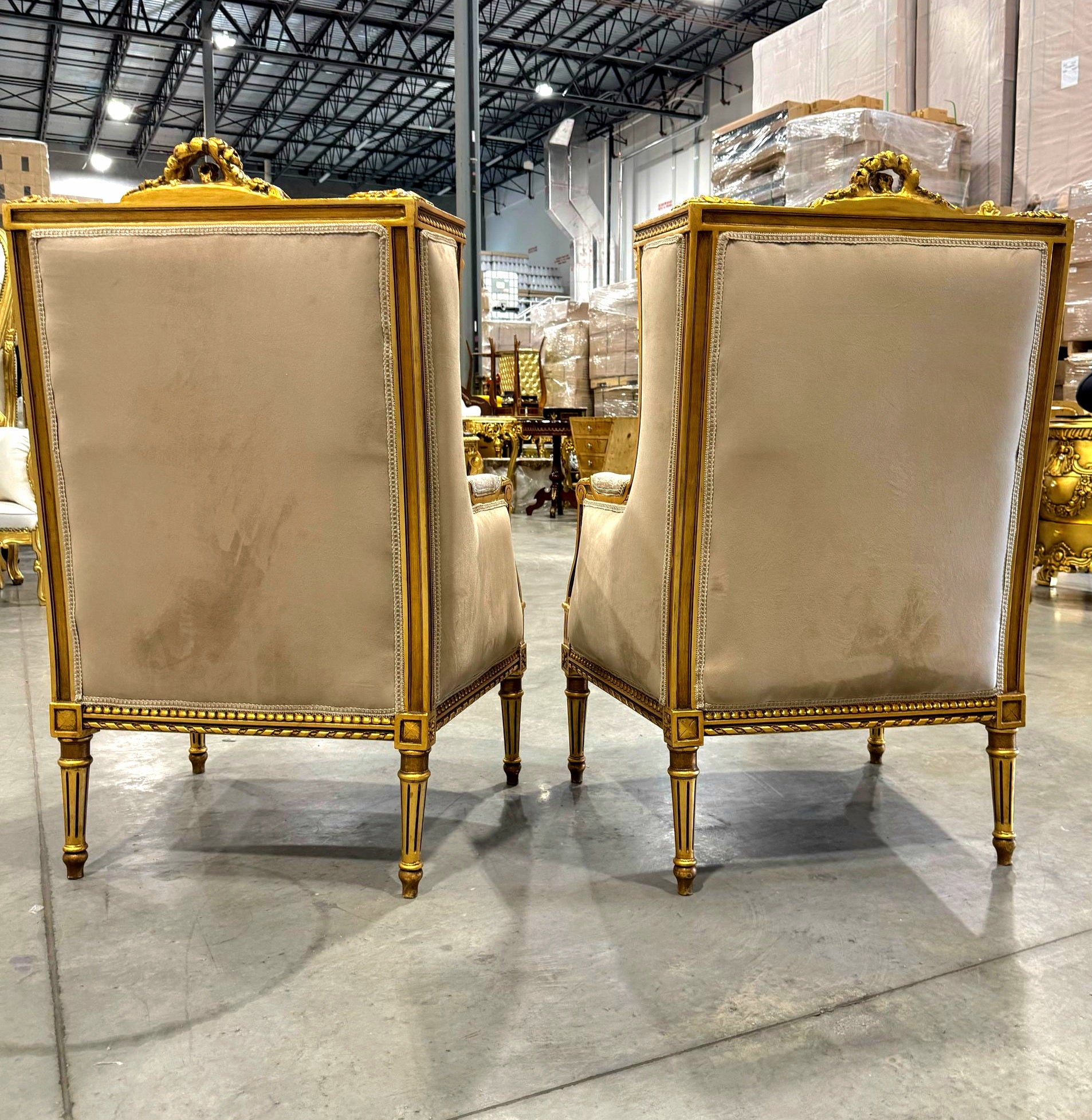 Neo-Classical Style Gold Beige Bergere Wing Chair with Gold Details