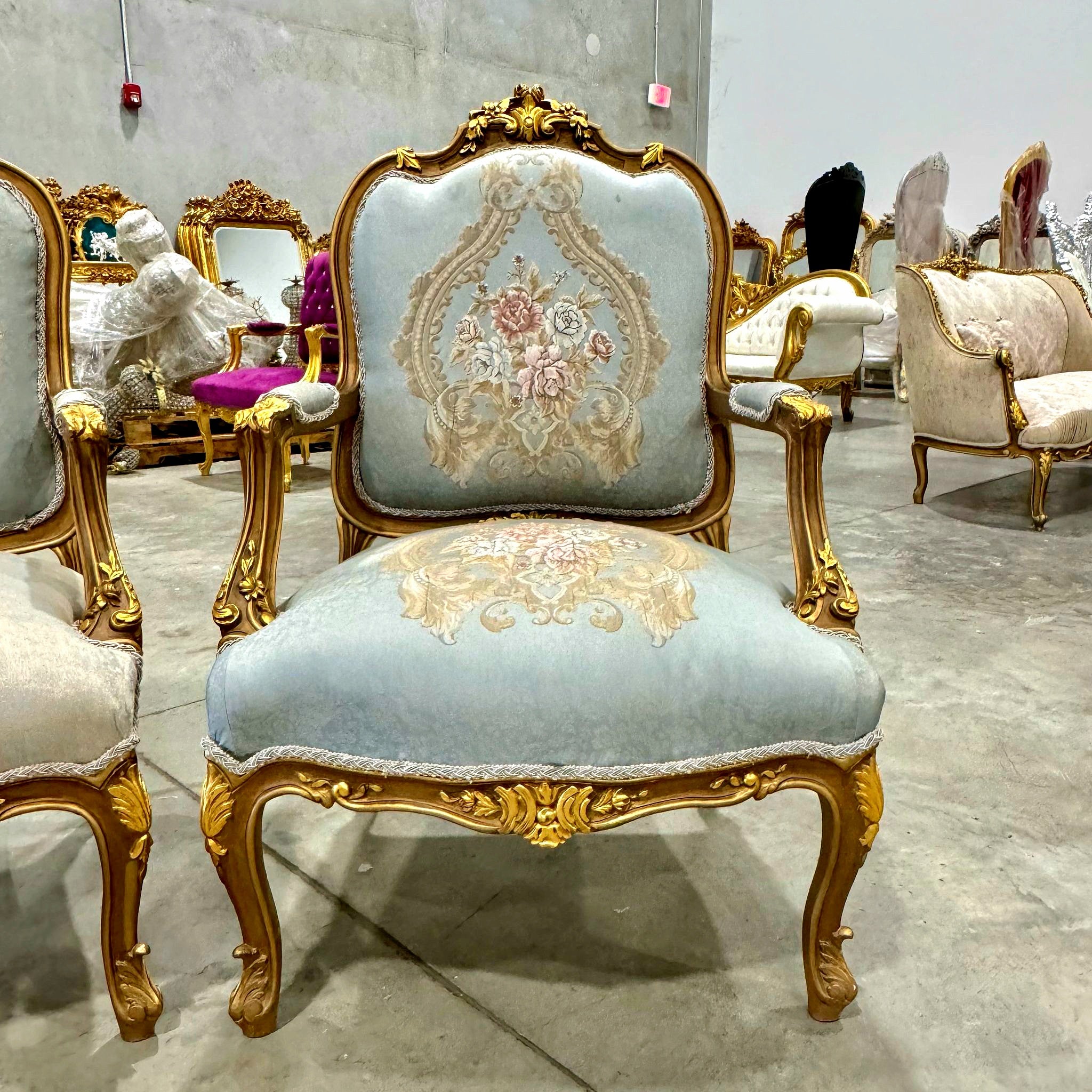 Living Room SET Baroque Style Sky Blue Fabric *Sofa and 2 Chairs*