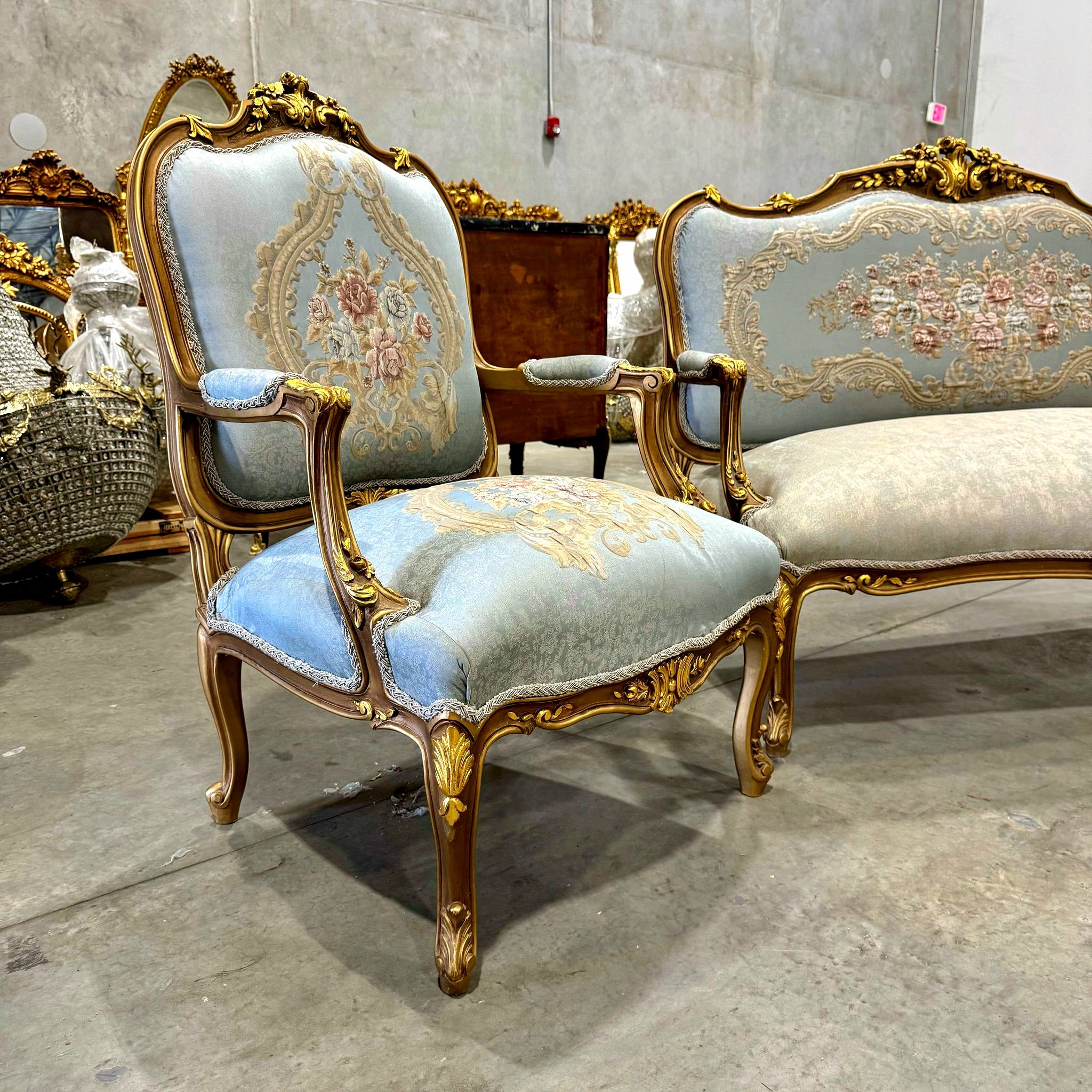 Living Room SET Baroque Style Sky Blue Fabric *Sofa and 2 Chairs*