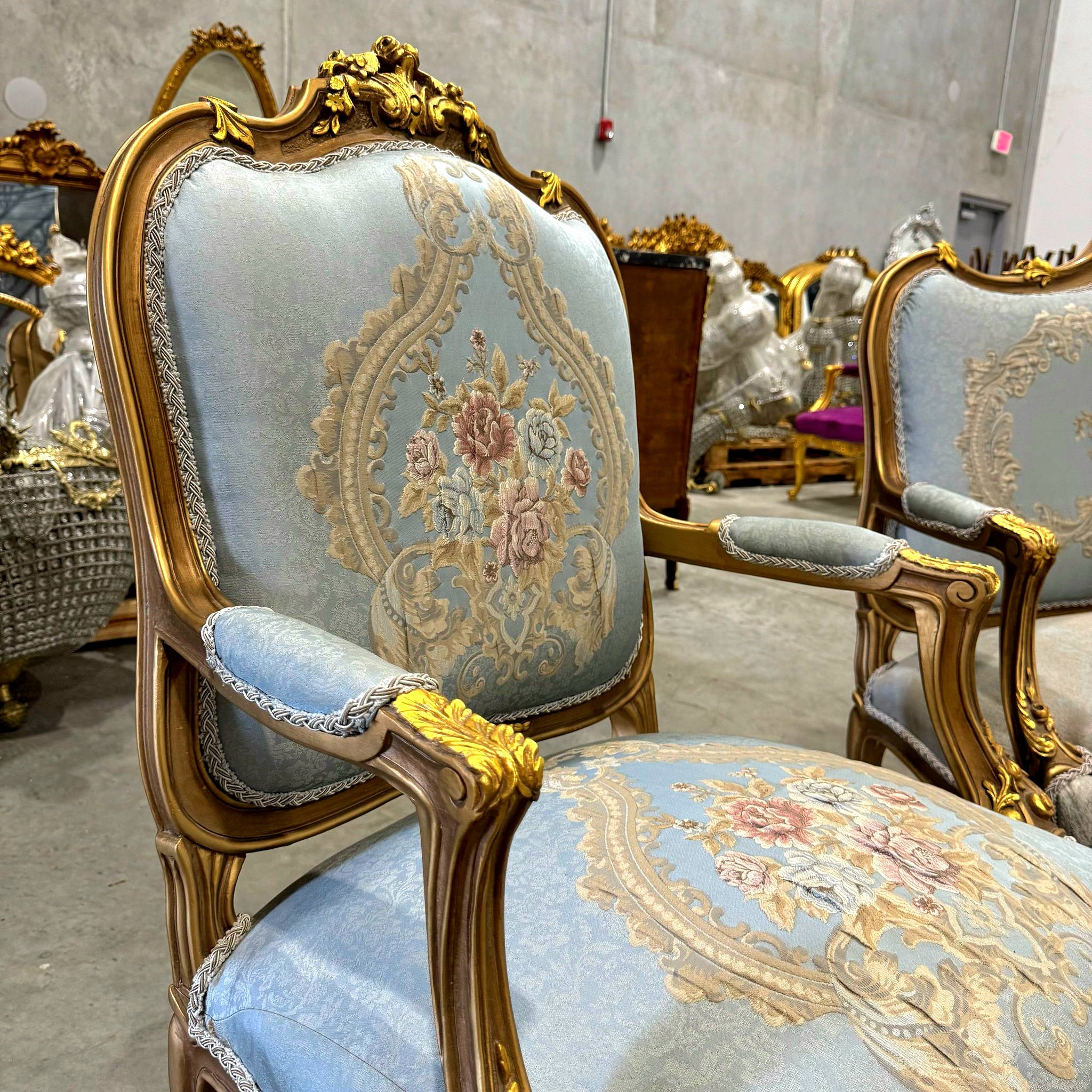 Living Room SET Baroque Style Sky Blue Fabric *Sofa and 2 Chairs*
