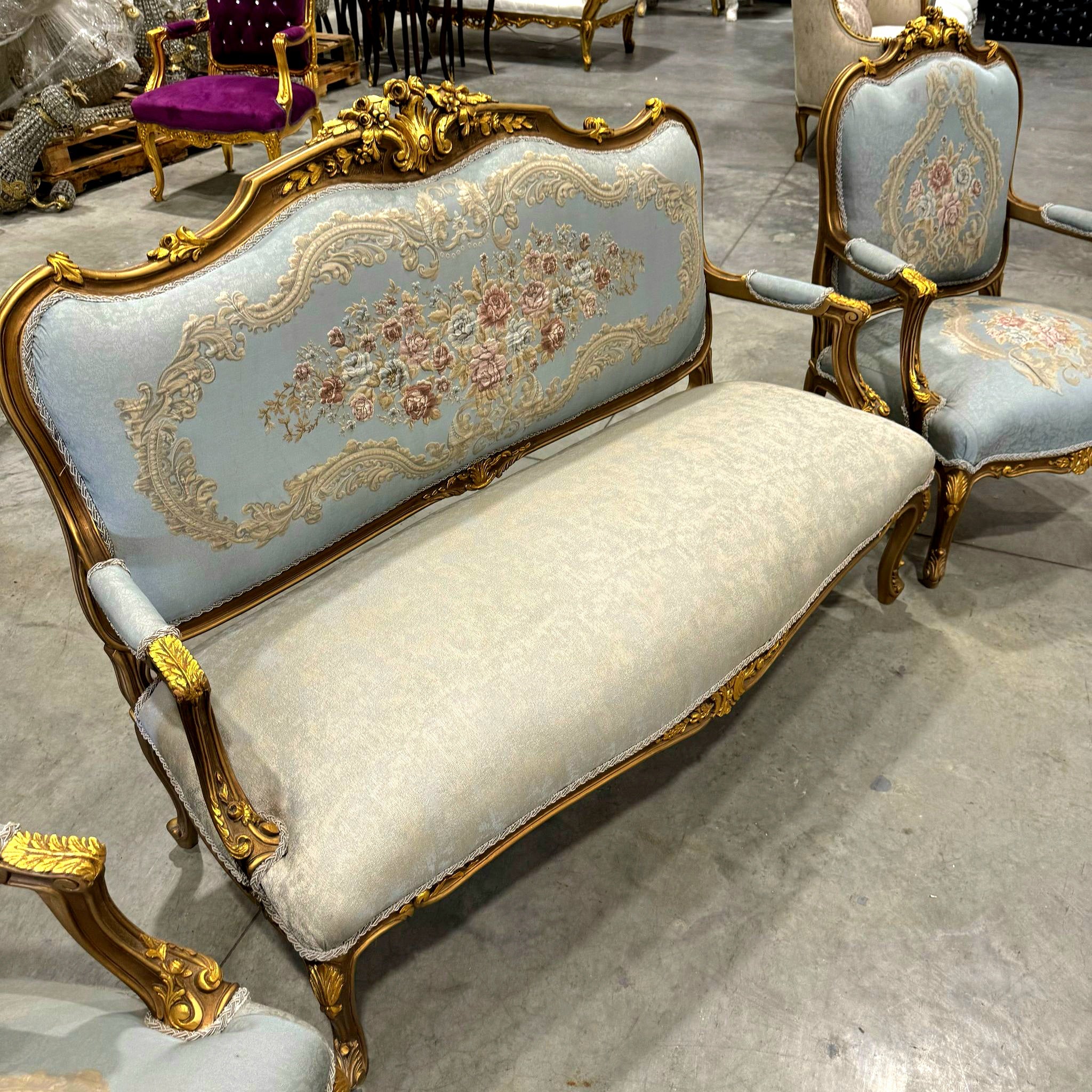 French Style Sofa Settee Sky Blue Color and Gold Leaf Details Sofa Furniture