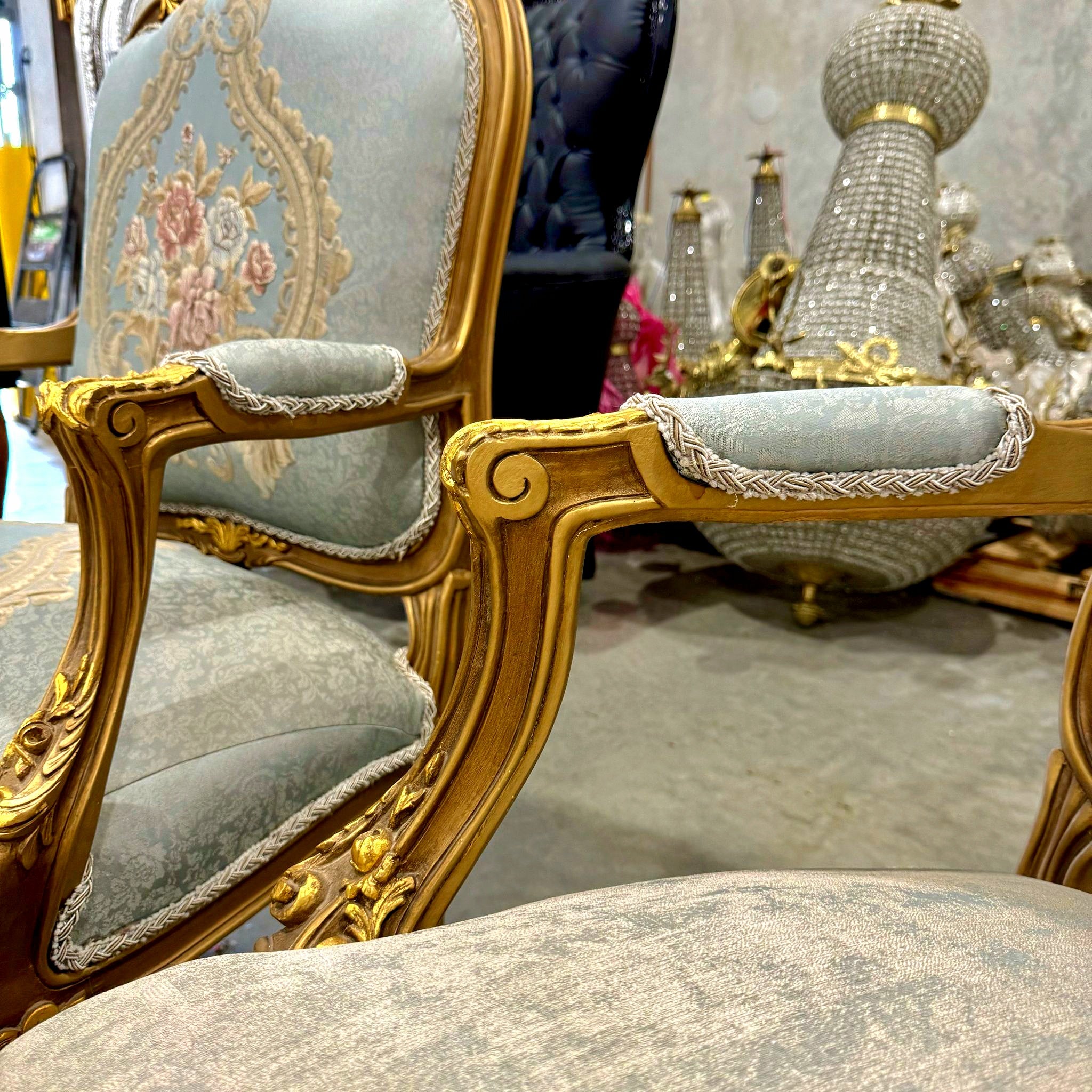 Living Room SET Baroque Style Sky Blue Fabric *Sofa and 2 Chairs*