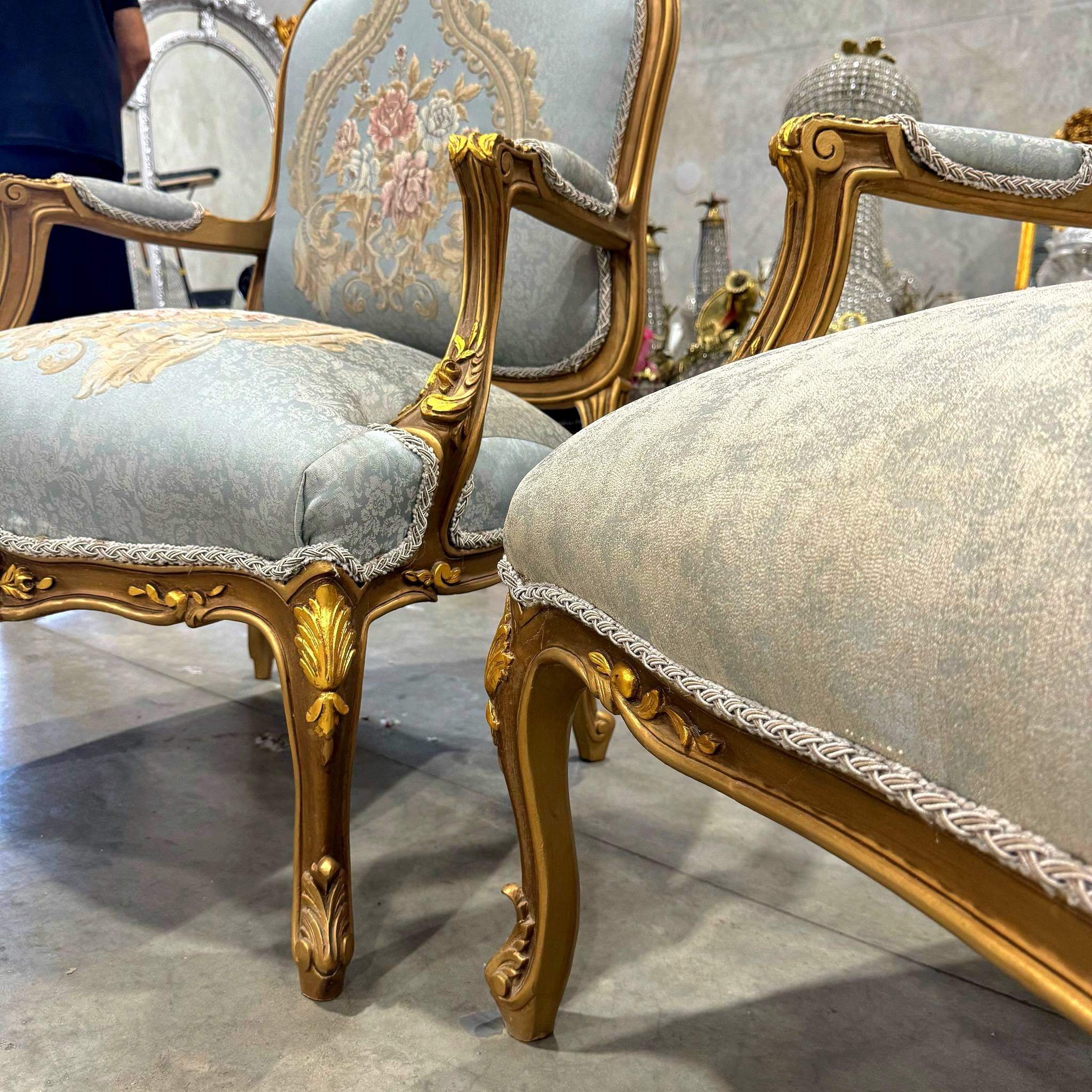 Living Room SET Baroque Style Sky Blue Fabric *Sofa and 2 Chairs*