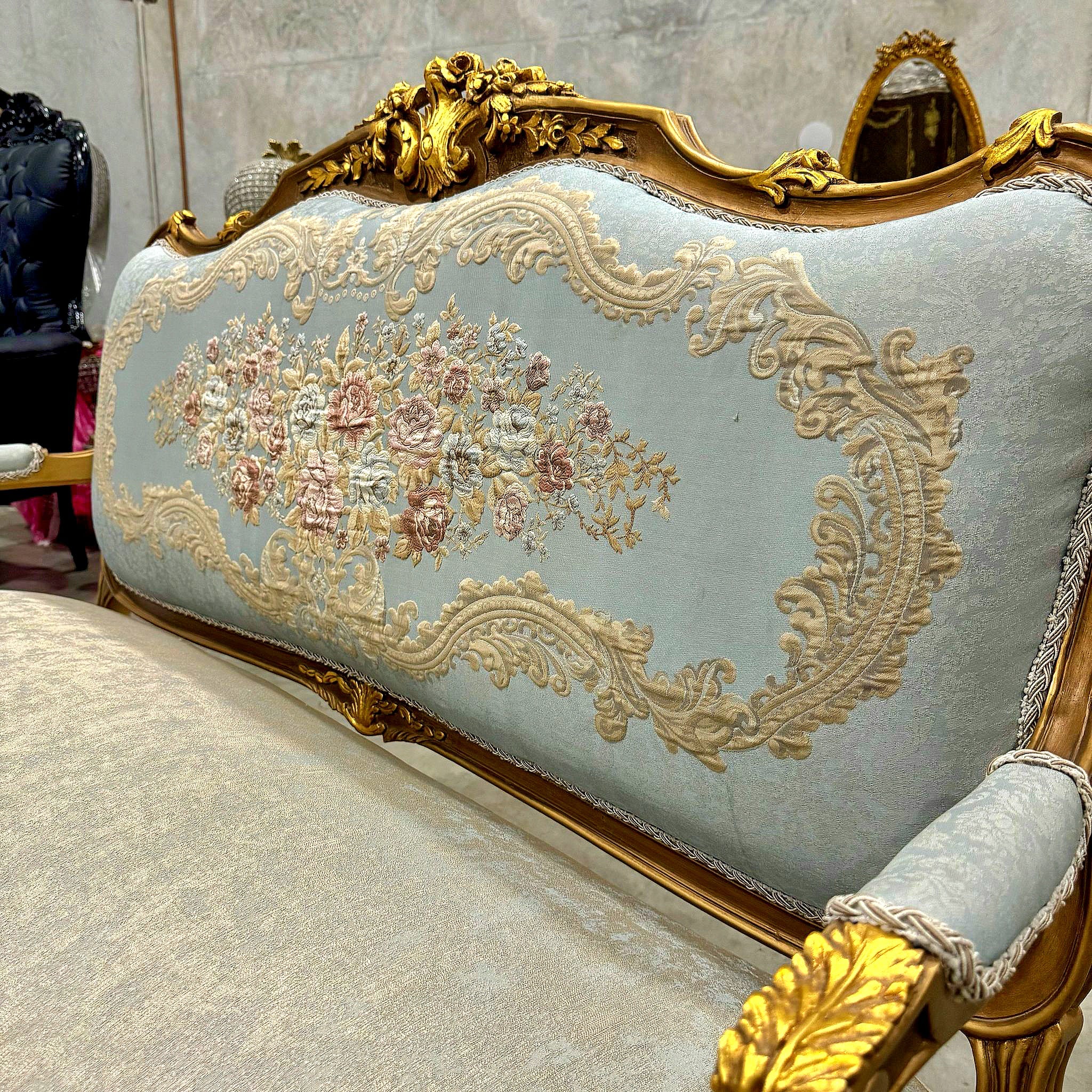French Style Sofa Settee Sky Blue Color and Gold Leaf Details Sofa Furniture