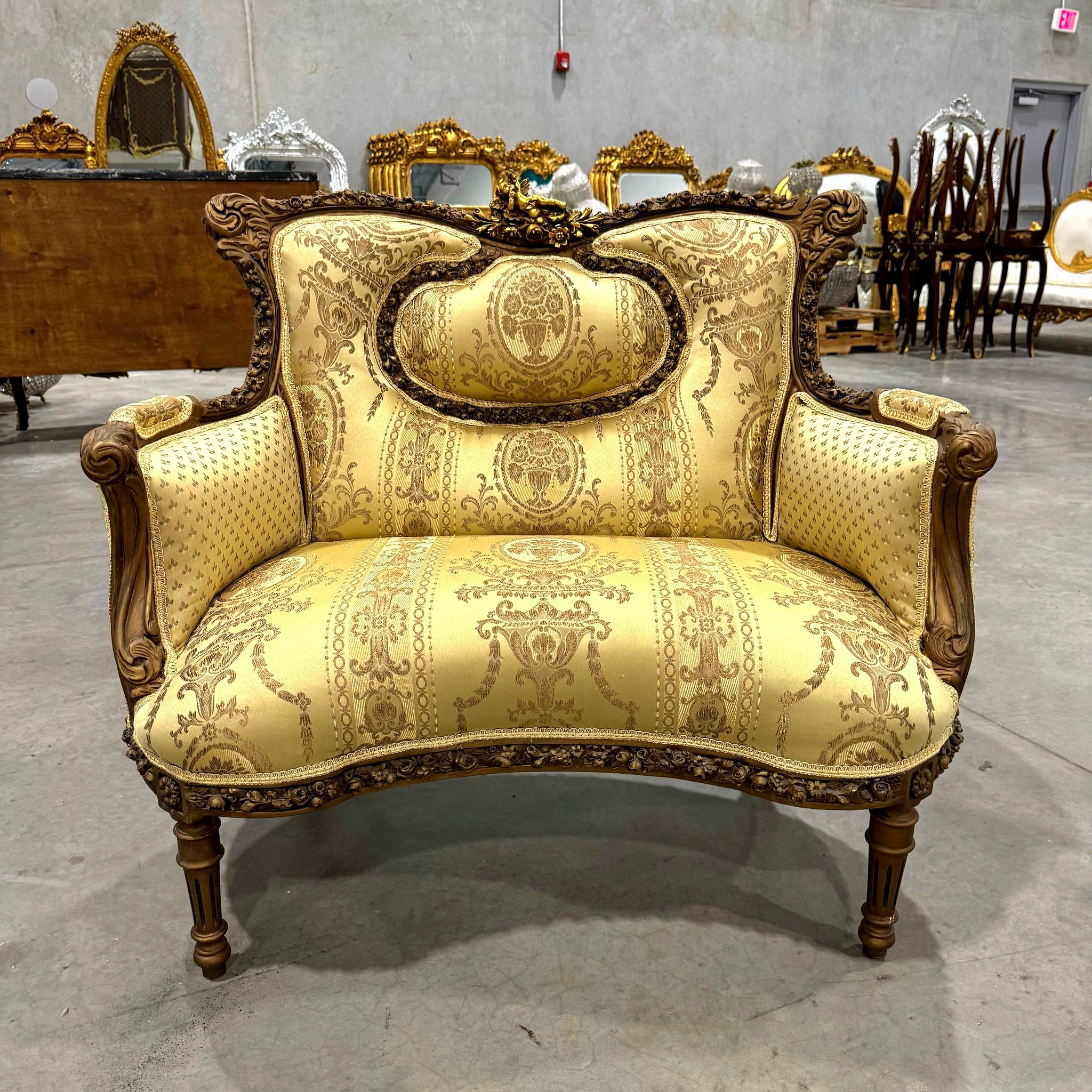 Gold Wing Chair Italian Style with Copper Details Damask Fabric
