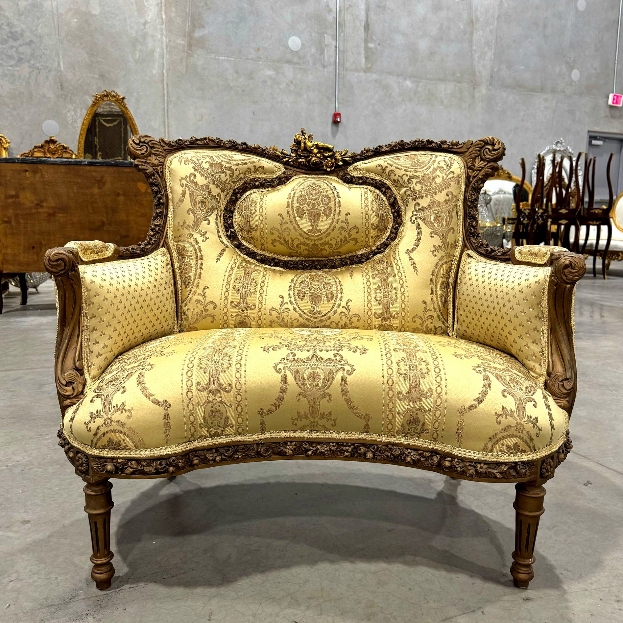 Gold Wing Chair Italian Style with Copper Details Damask Fabric