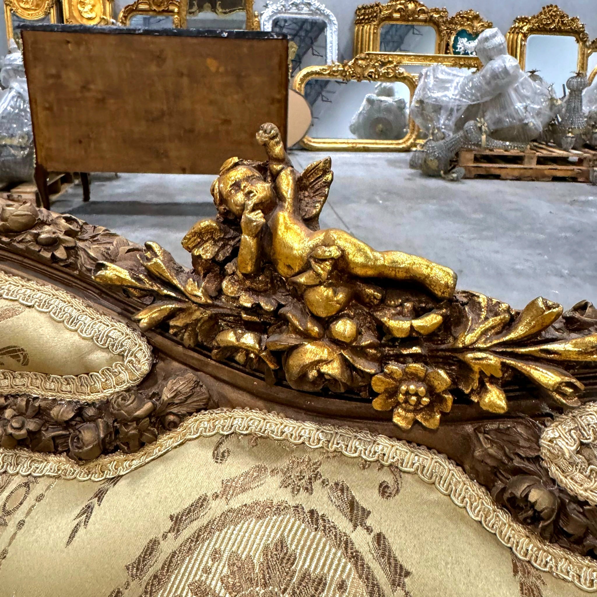 Gold Wing Chair Italian Style with Copper Details Damask Fabric