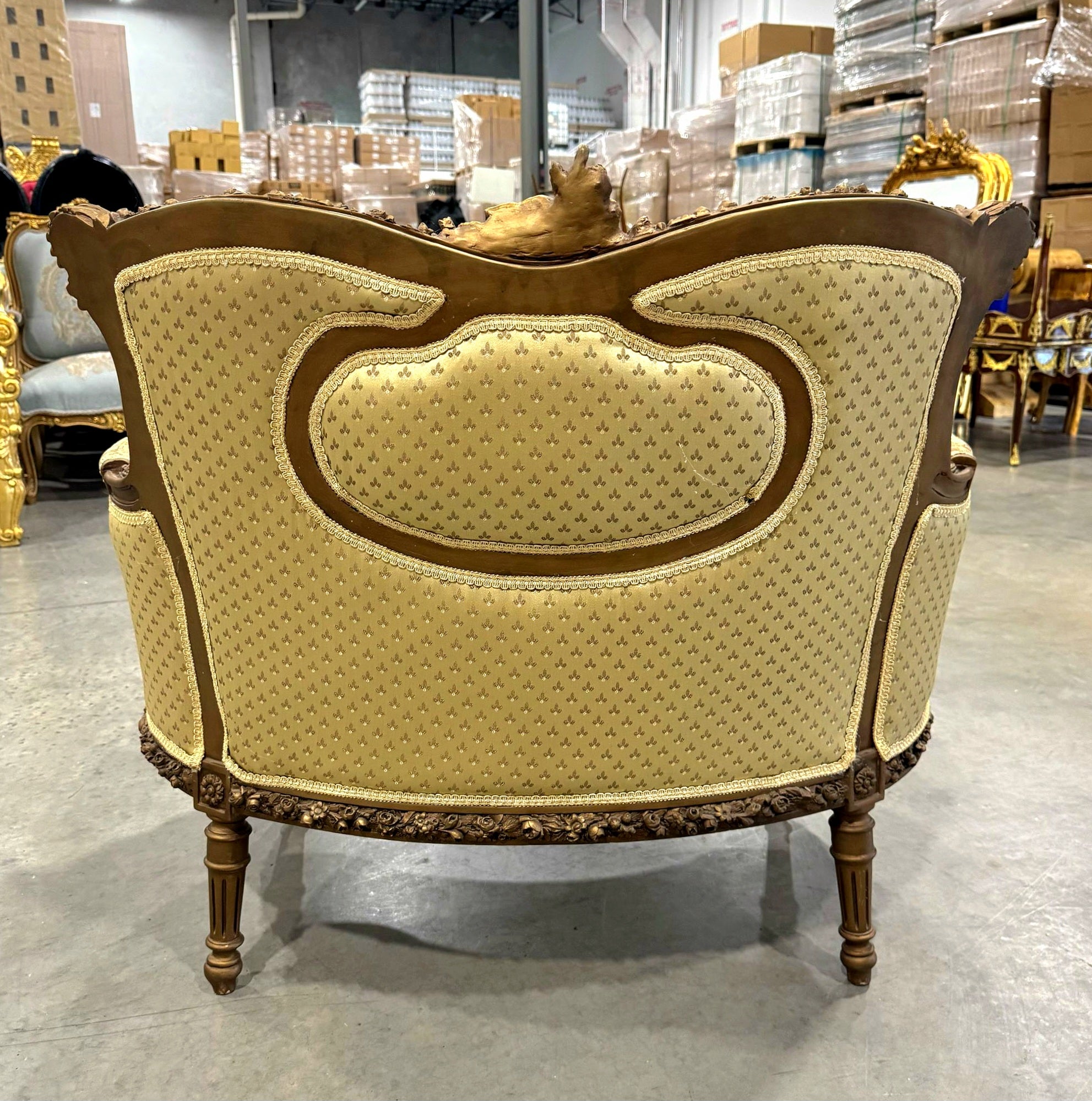 Gold Wing Chair Italian Style with Copper Details Damask Fabric