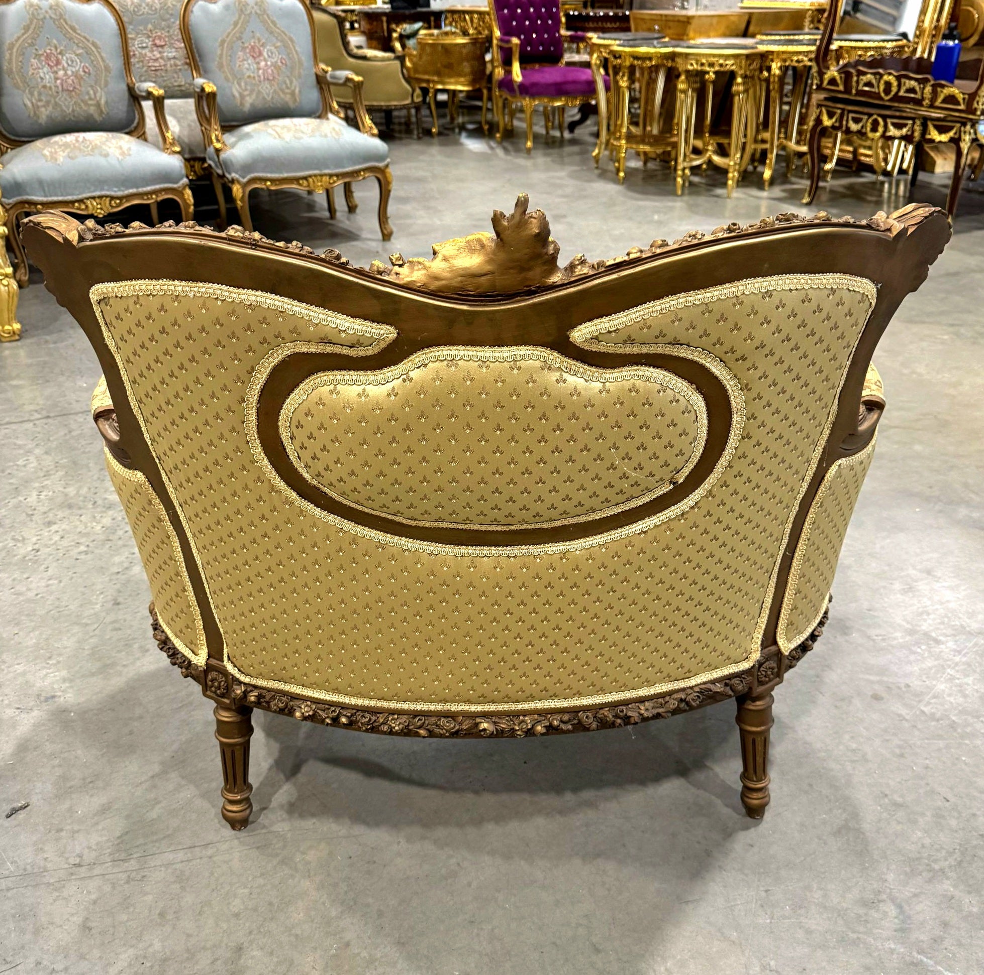 Gold Wing Chair Italian Style with Copper Details Damask Fabric
