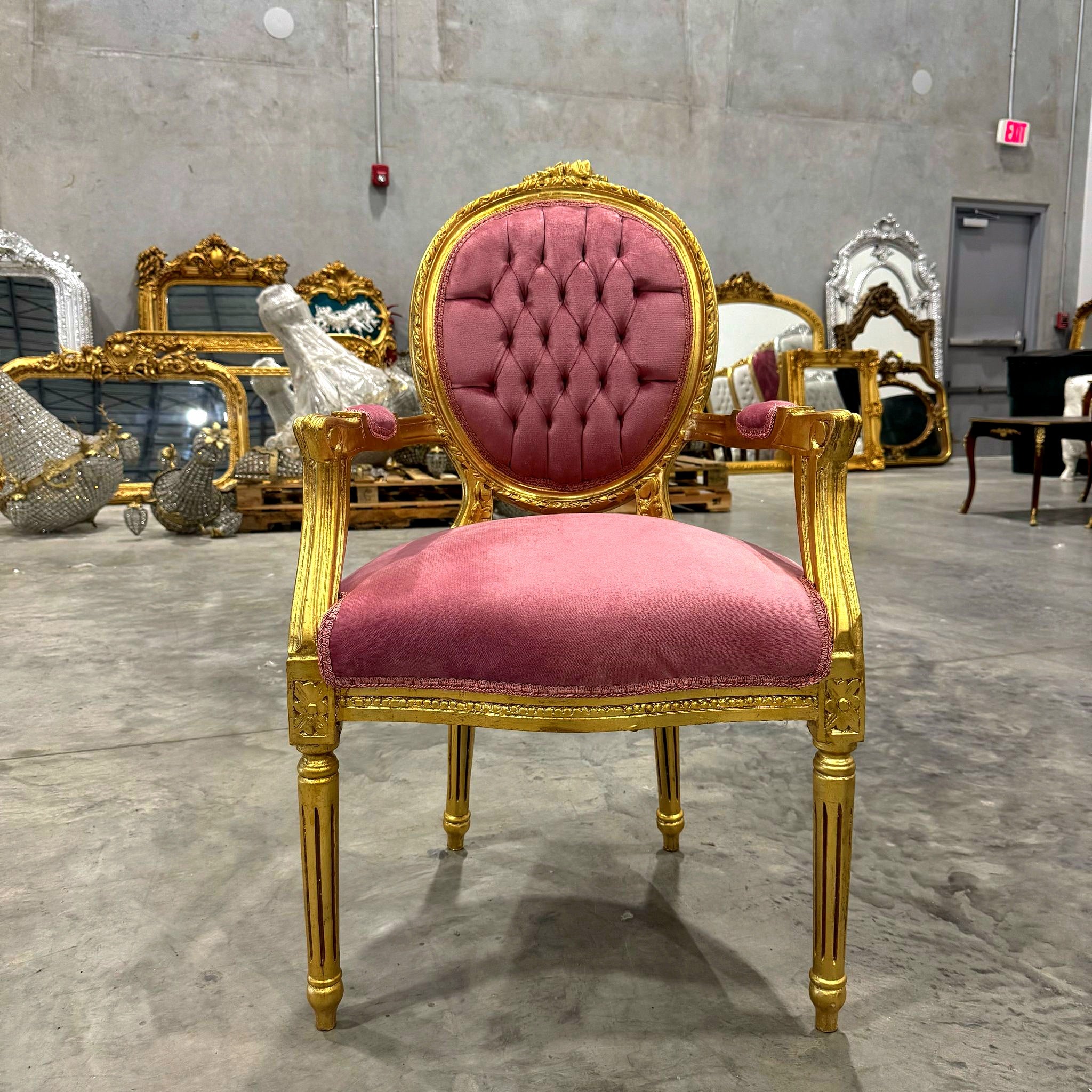 French Style Tufted Pink Velvet Chair with Gold Leaf Details Rococo