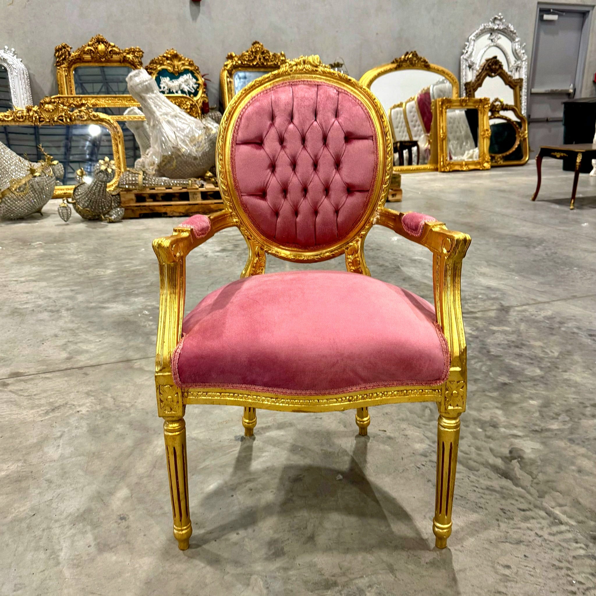 French Style Tufted Pink Velvet Chair with Gold Leaf Details Rococo