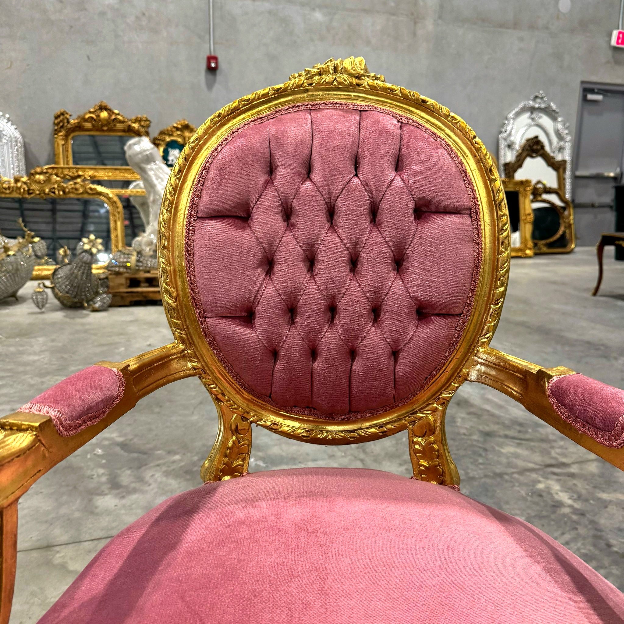 French Style Tufted Pink Velvet Chair with Gold Leaf Details Rococo