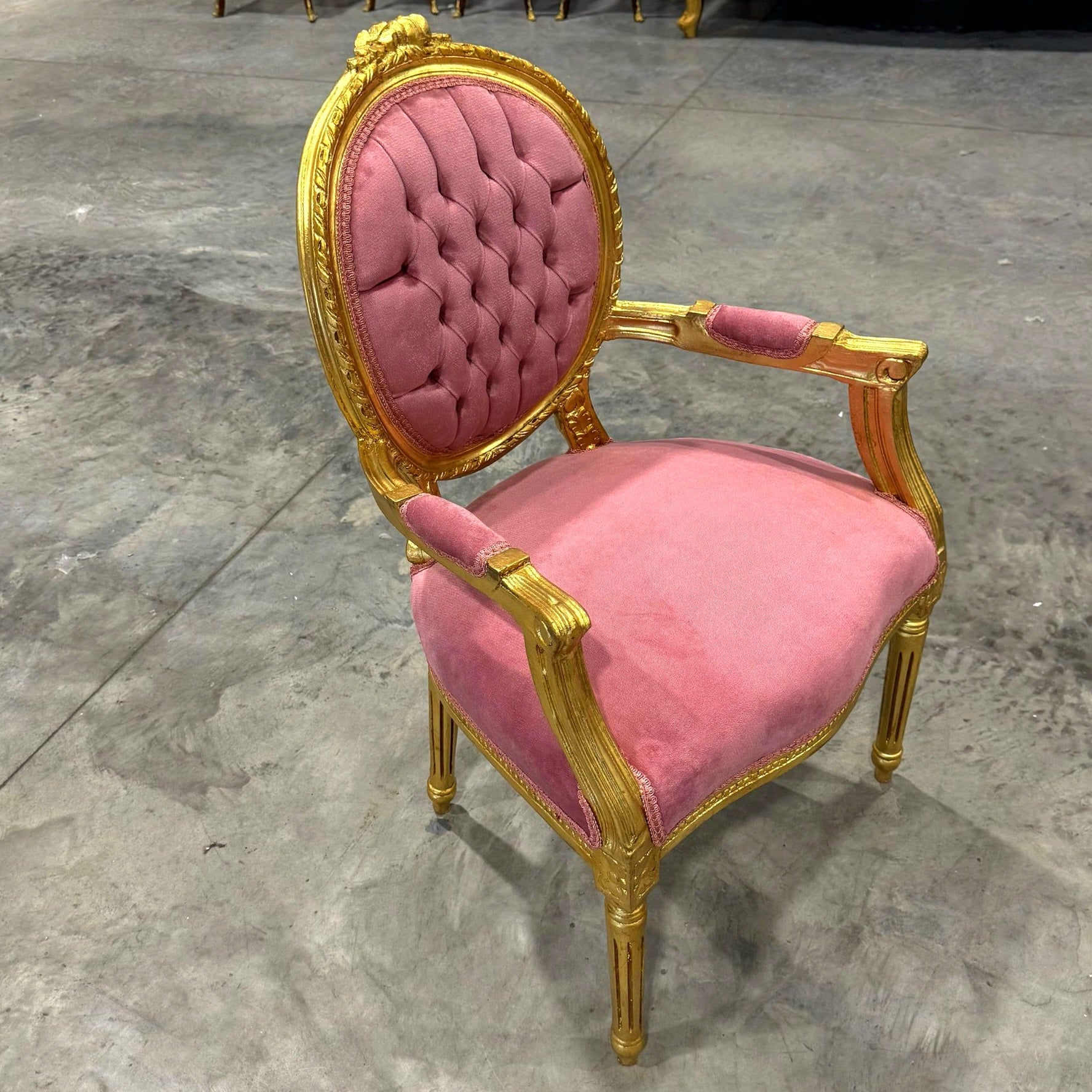 French Style Tufted Pink Velvet Chair with Gold Leaf Details Rococo