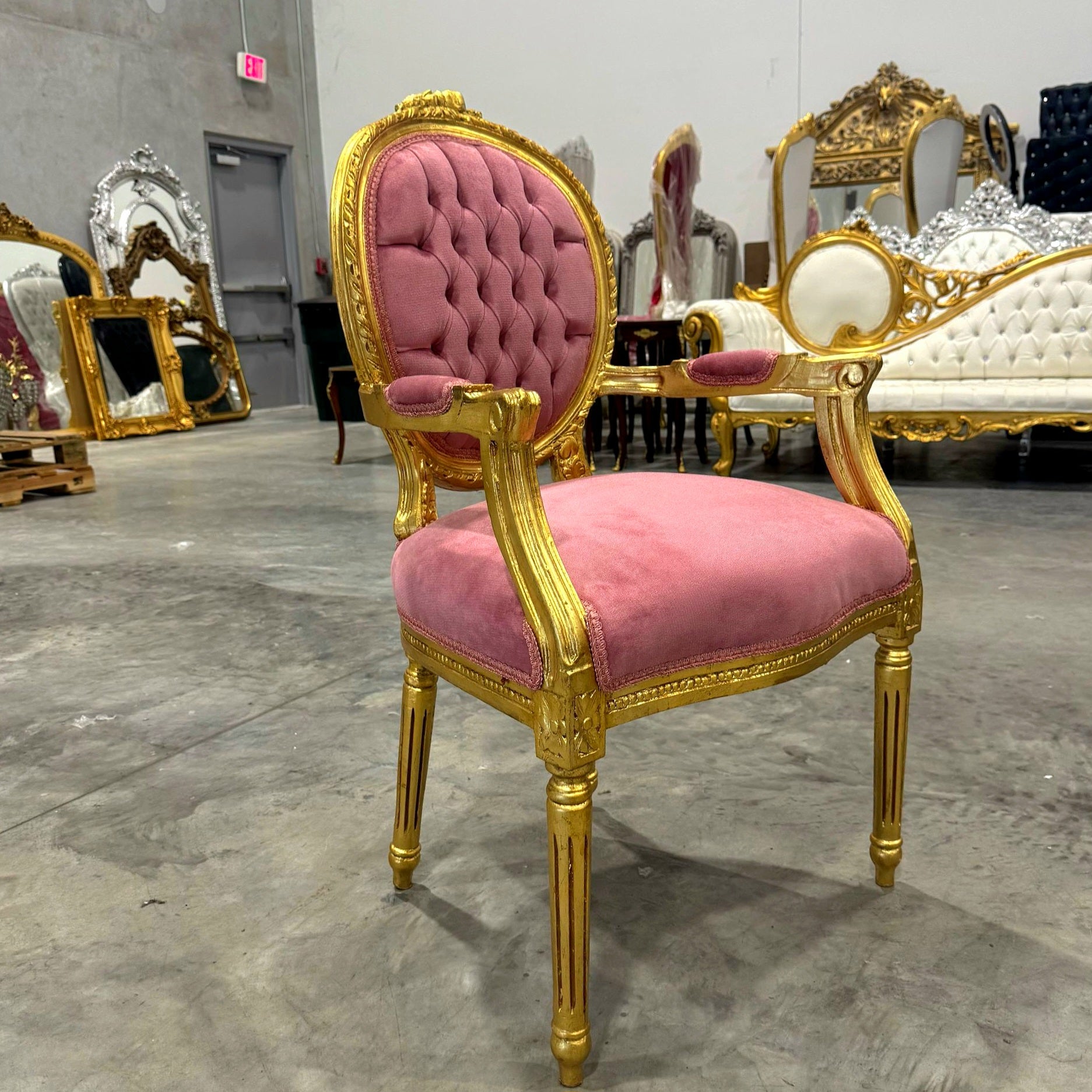 French Style Tufted Pink Velvet Chair with Gold Leaf Details Rococo