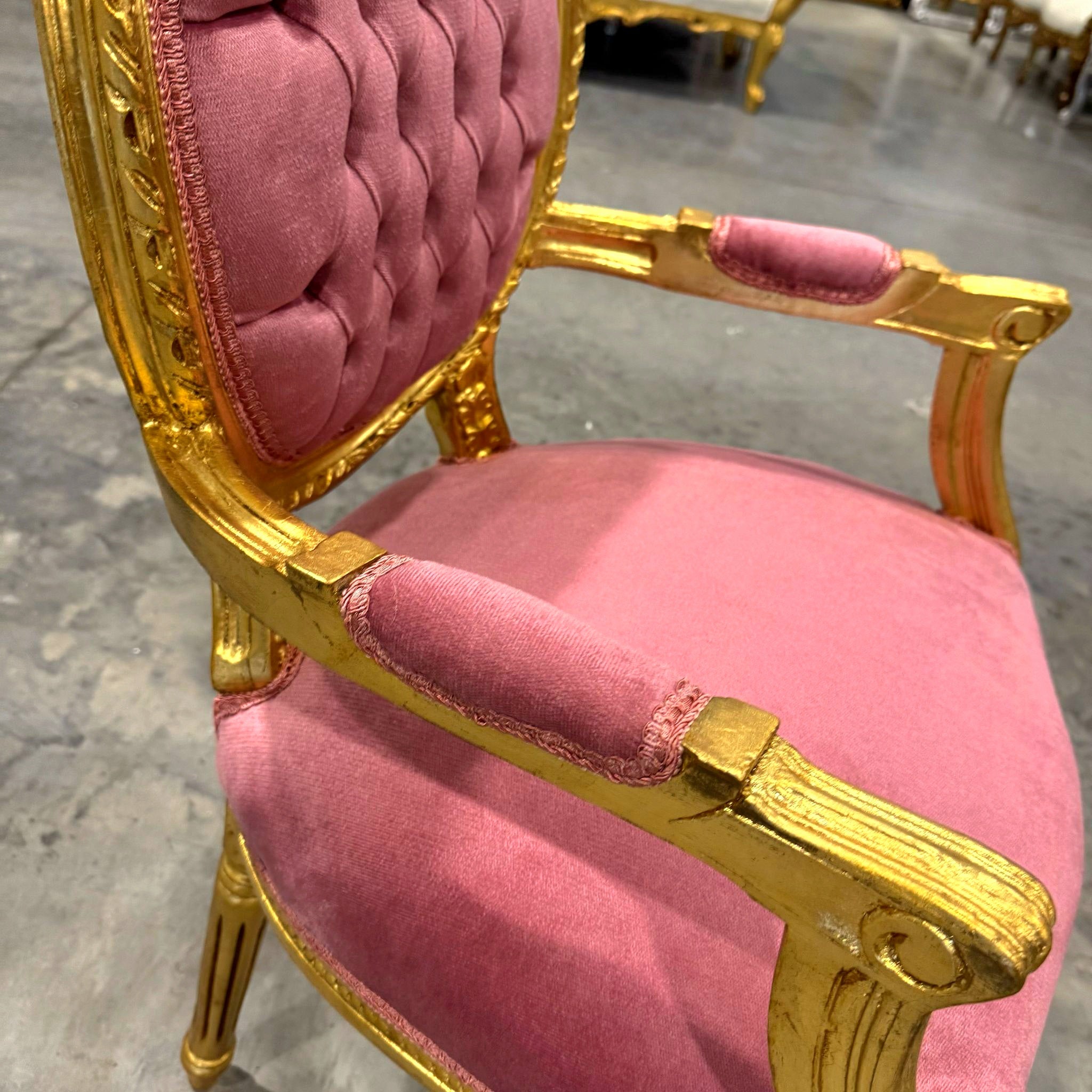 French Style Tufted Pink Velvet Chair with Gold Leaf Details Rococo
