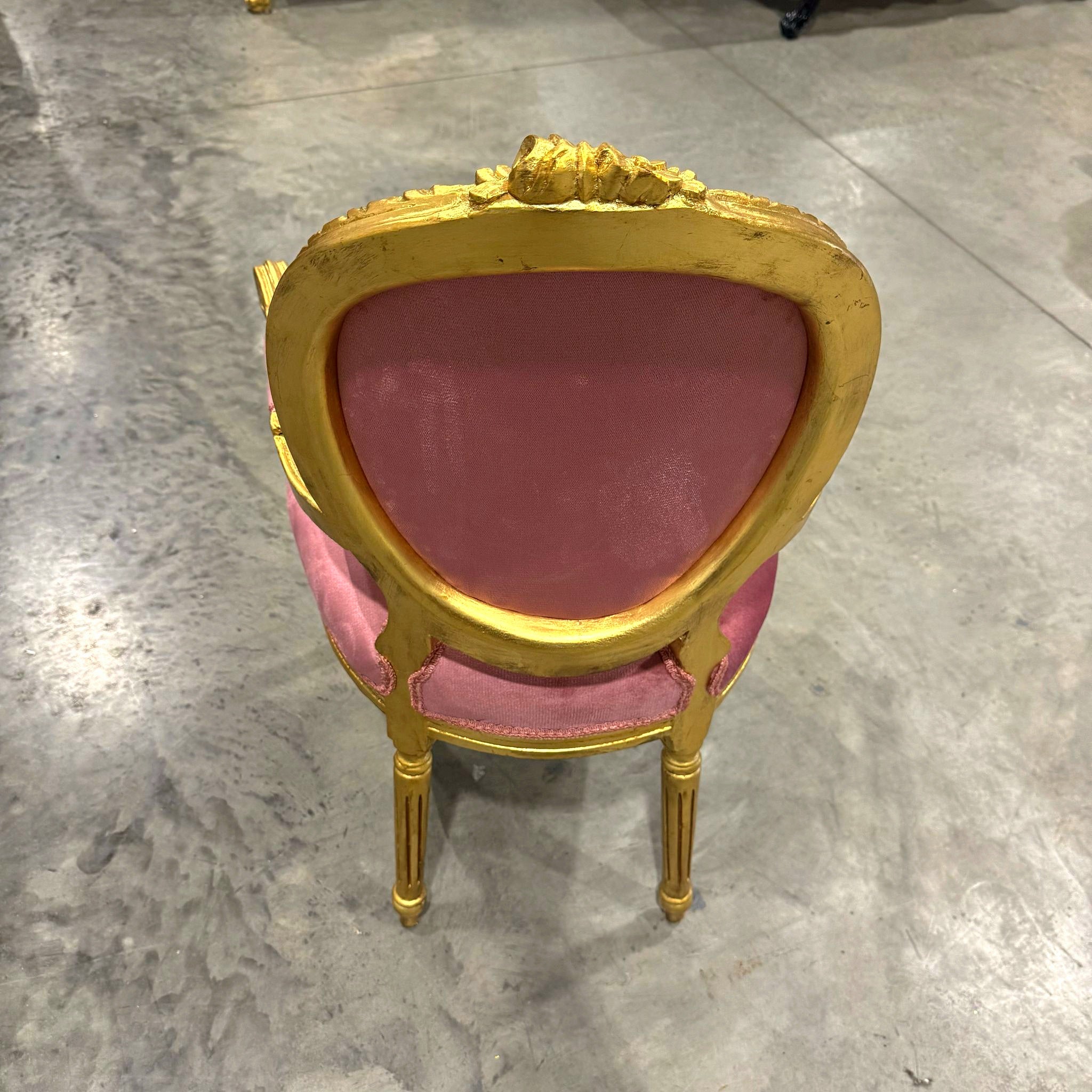 French Style Tufted Pink Velvet Chair with Gold Leaf Details Rococo