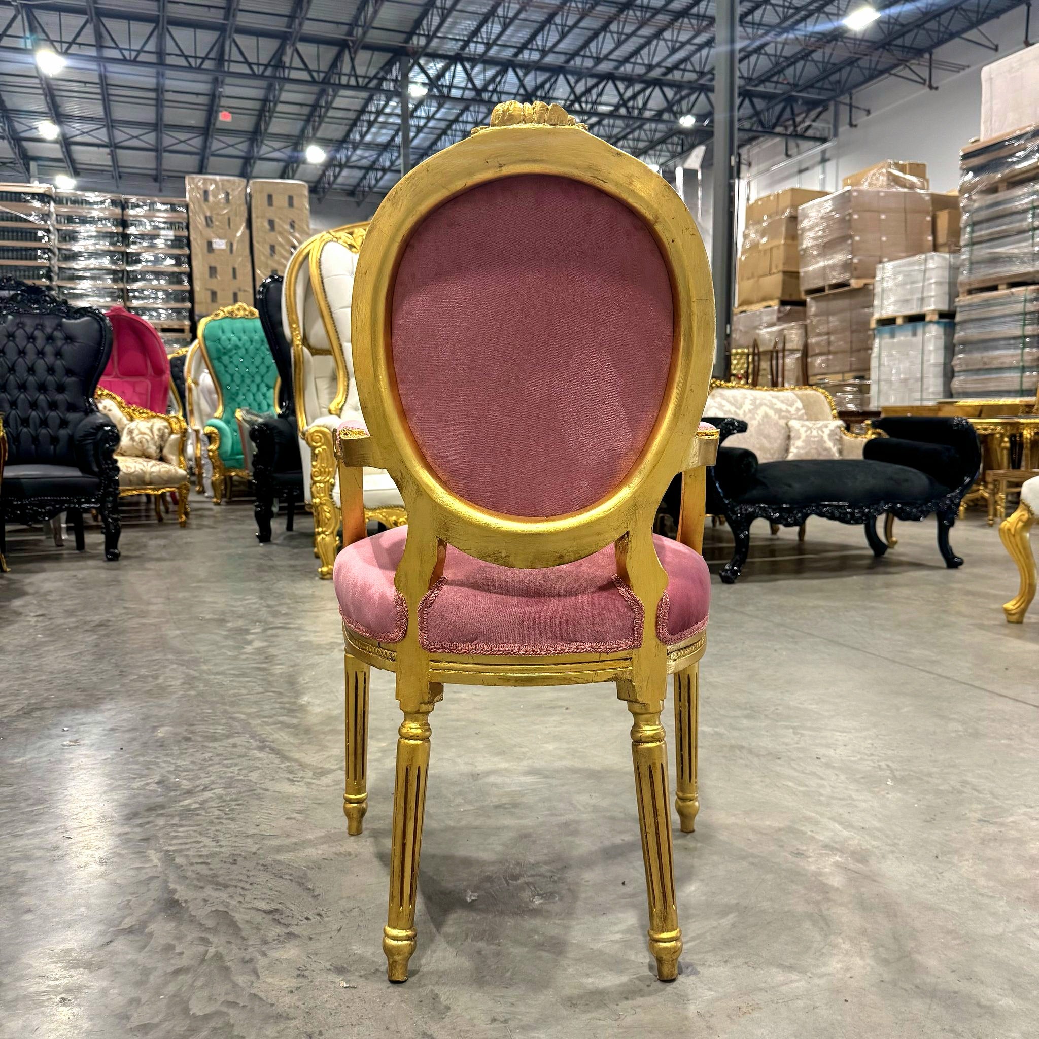 French Style Tufted Pink Velvet Chair with Gold Leaf Details Rococo