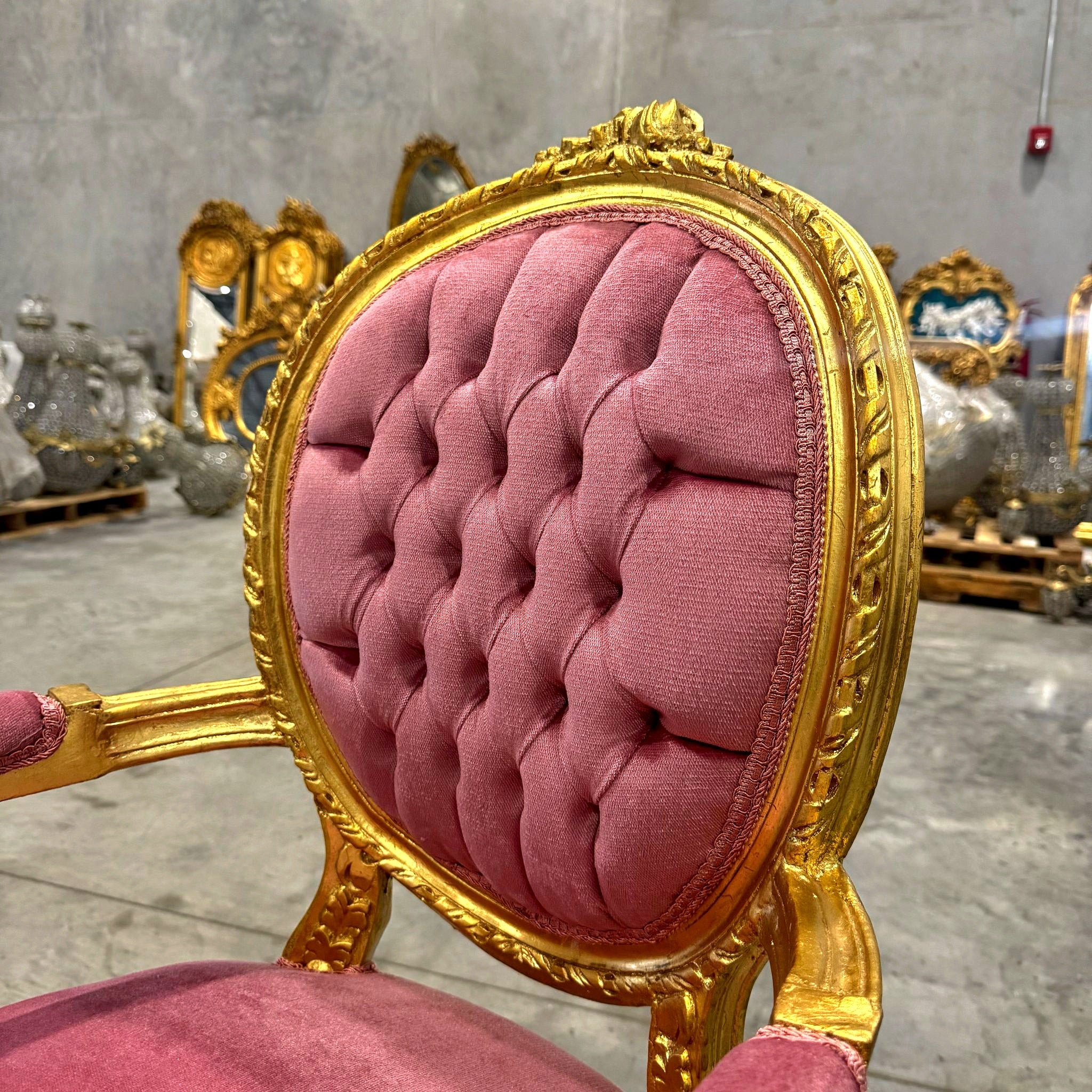French Style Tufted Pink Velvet Chair with Gold Leaf Details Rococo