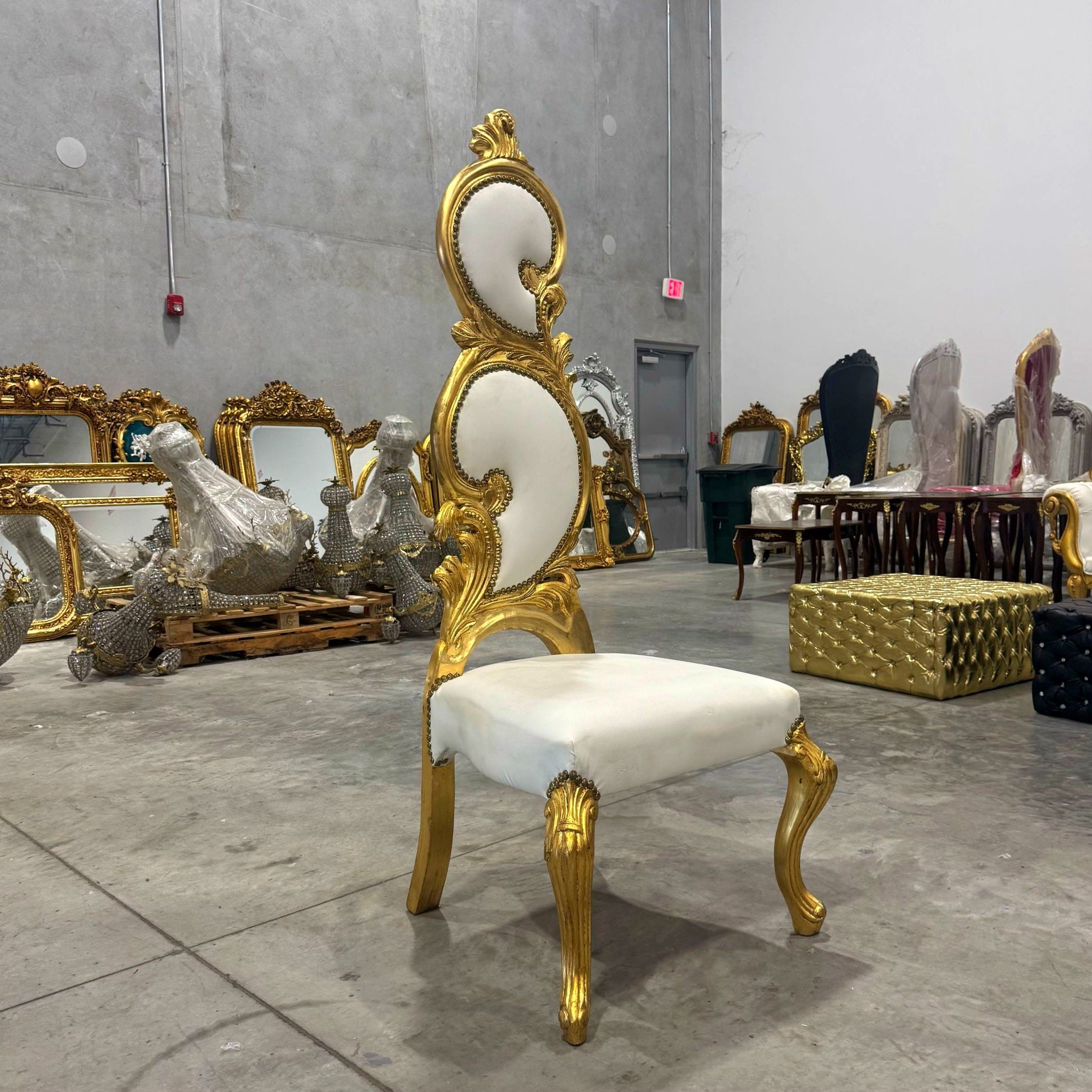 French Style Art Chair White Leather and Gold Leaf Details