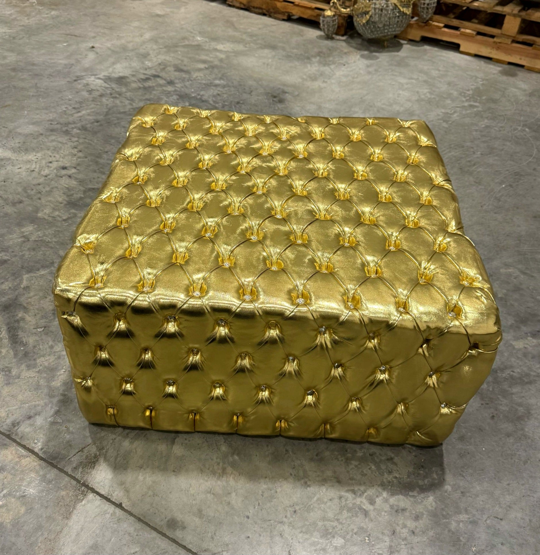 Chesterfield Footstool Gold Leather Tufted fabric Crystal Buttons