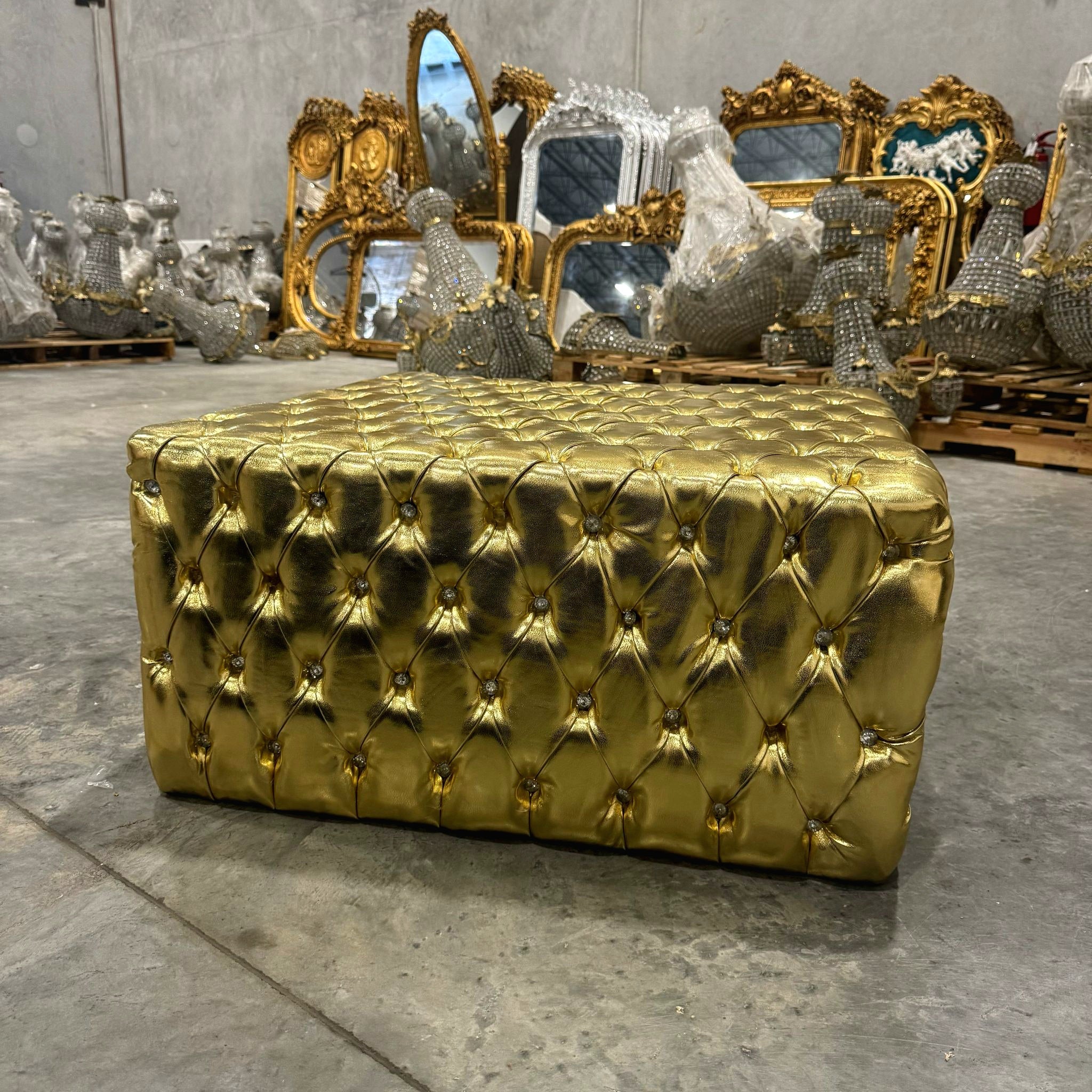 Chesterfield Footstool Gold Leather Tufted fabric Crystal Buttons