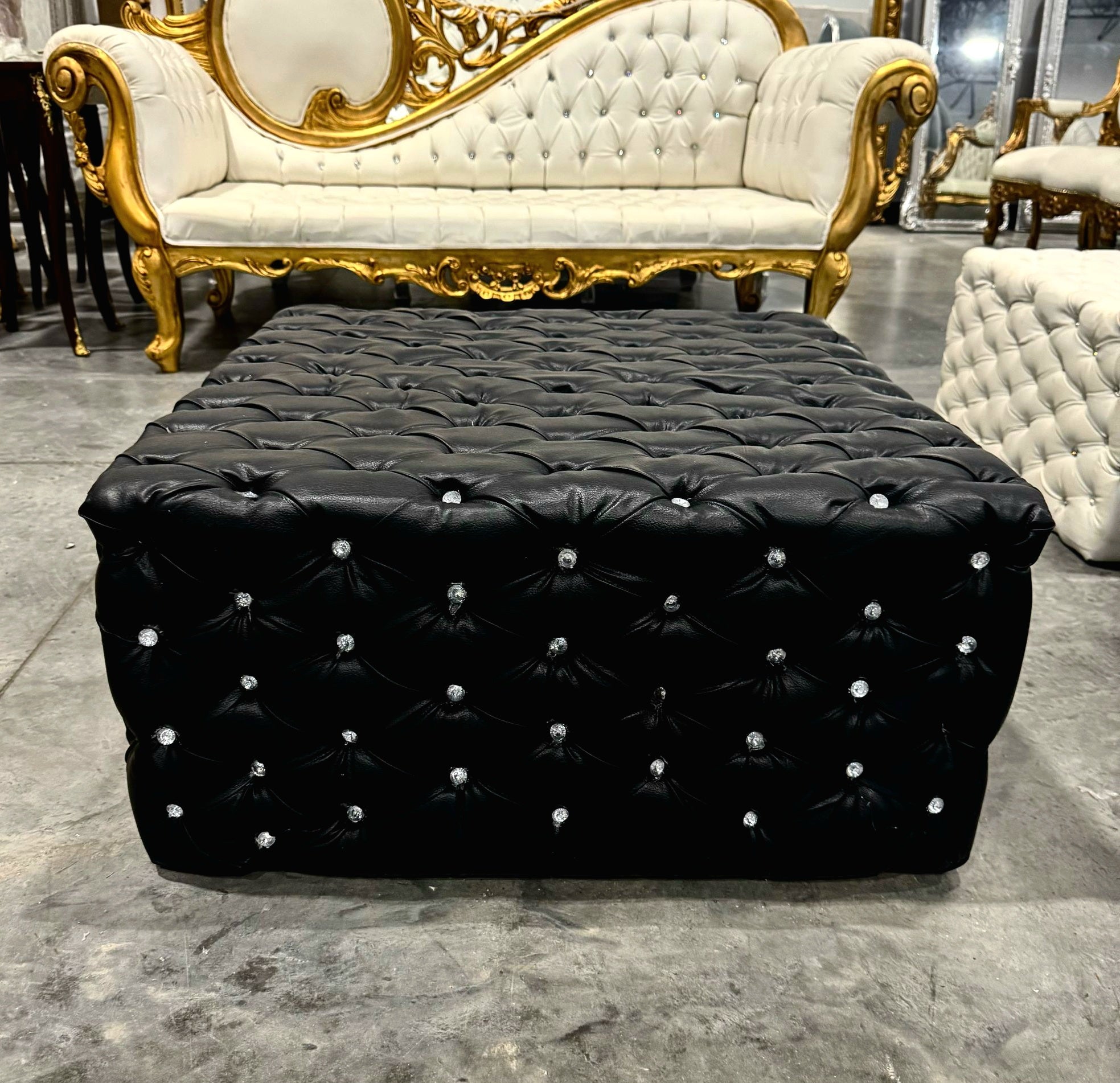 Chesterfield Footstool Black Leather Tufted fabric Crystal Buttons