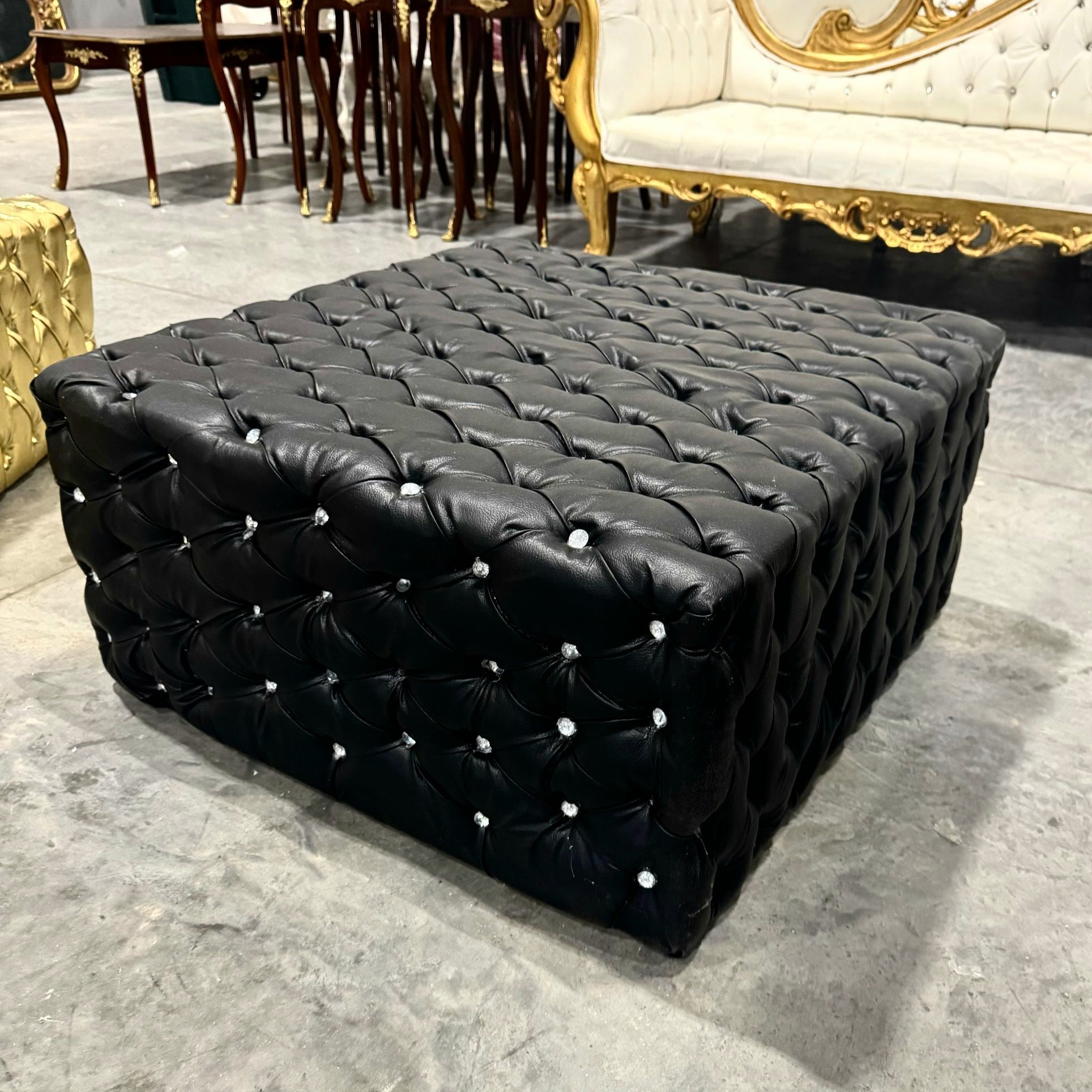 Chesterfield Footstool Black Leather Tufted fabric Crystal Buttons