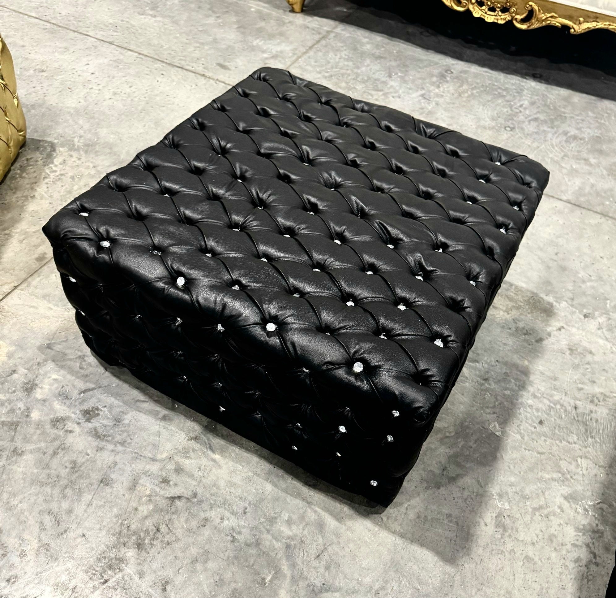 Chesterfield Footstool Black Leather Tufted fabric Crystal Buttons