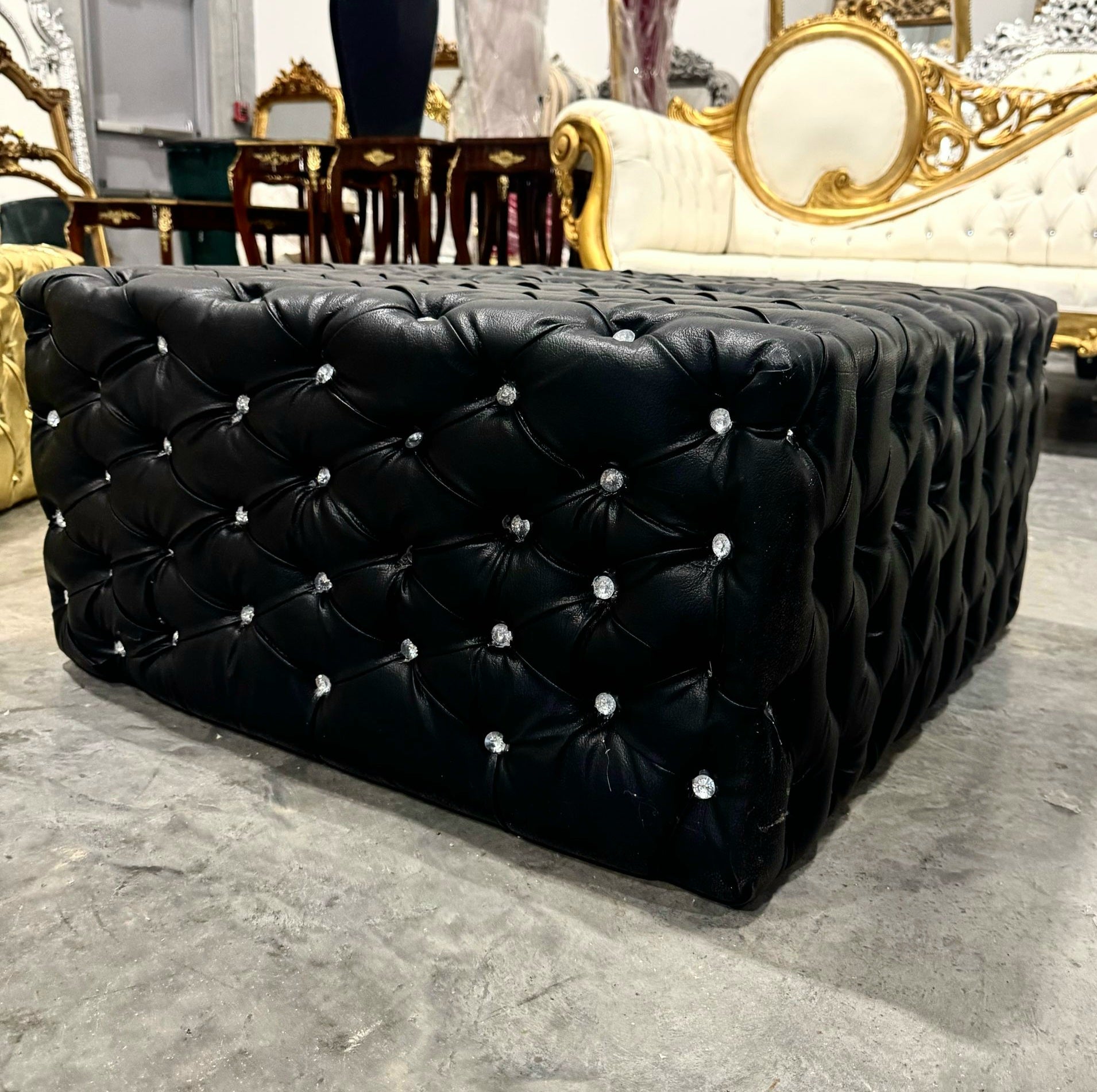 Chesterfield Footstool Black Leather Tufted fabric Crystal Buttons